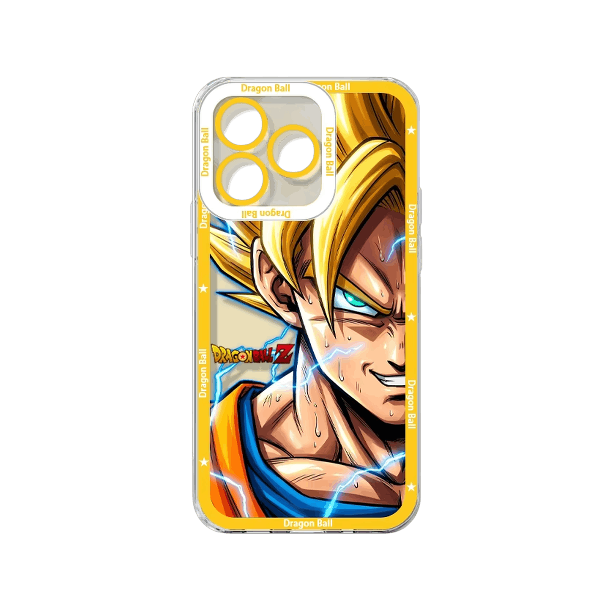 Coque iPhone Dragon Ball illustrant Goku Super Saiyan 2 sur un panneau jaune