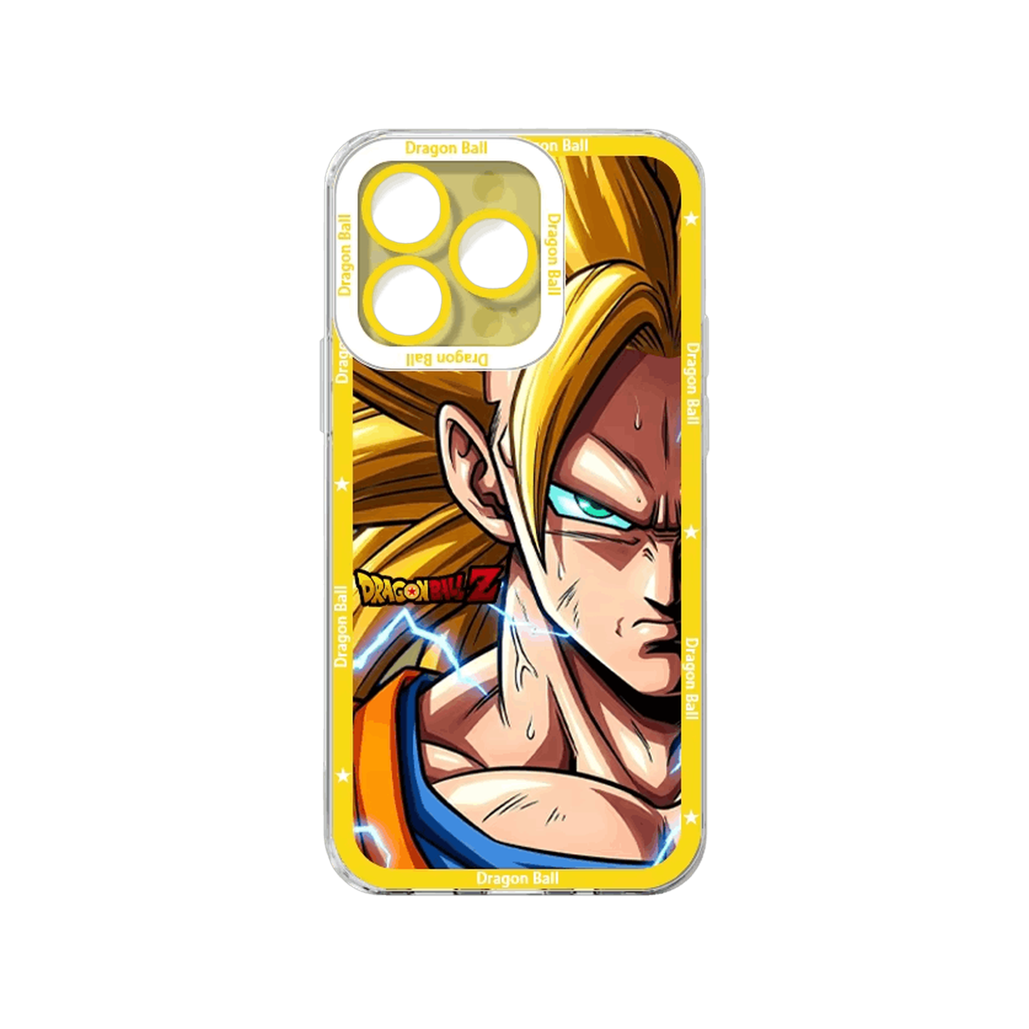 Coque iPhone Dragon Ball illustrant Goku Super Saiyan 3 sur un panneau or