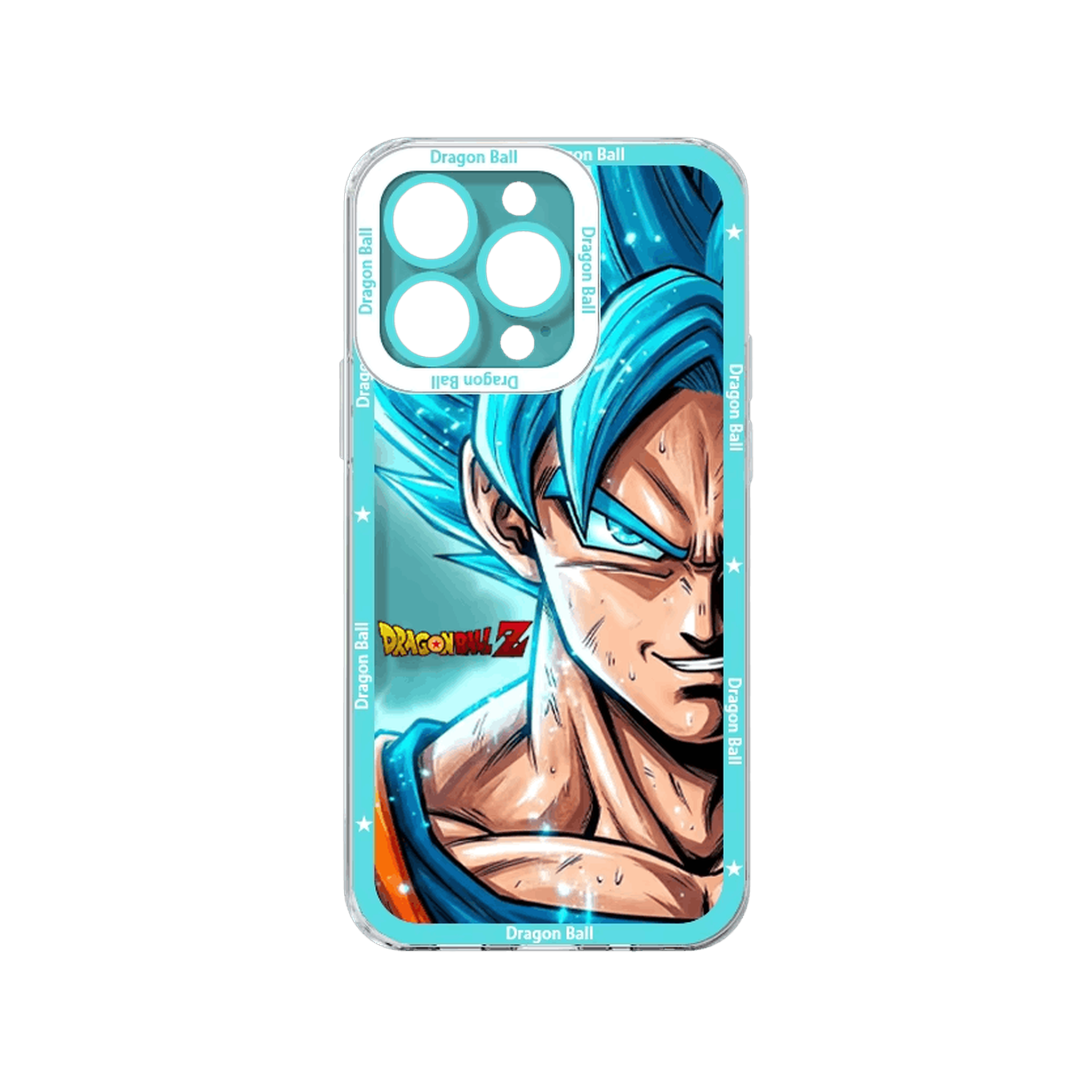 Coque iPhone Dragon Ball illustrant Goku Super Saiyan Blue sur un panneau cyan
