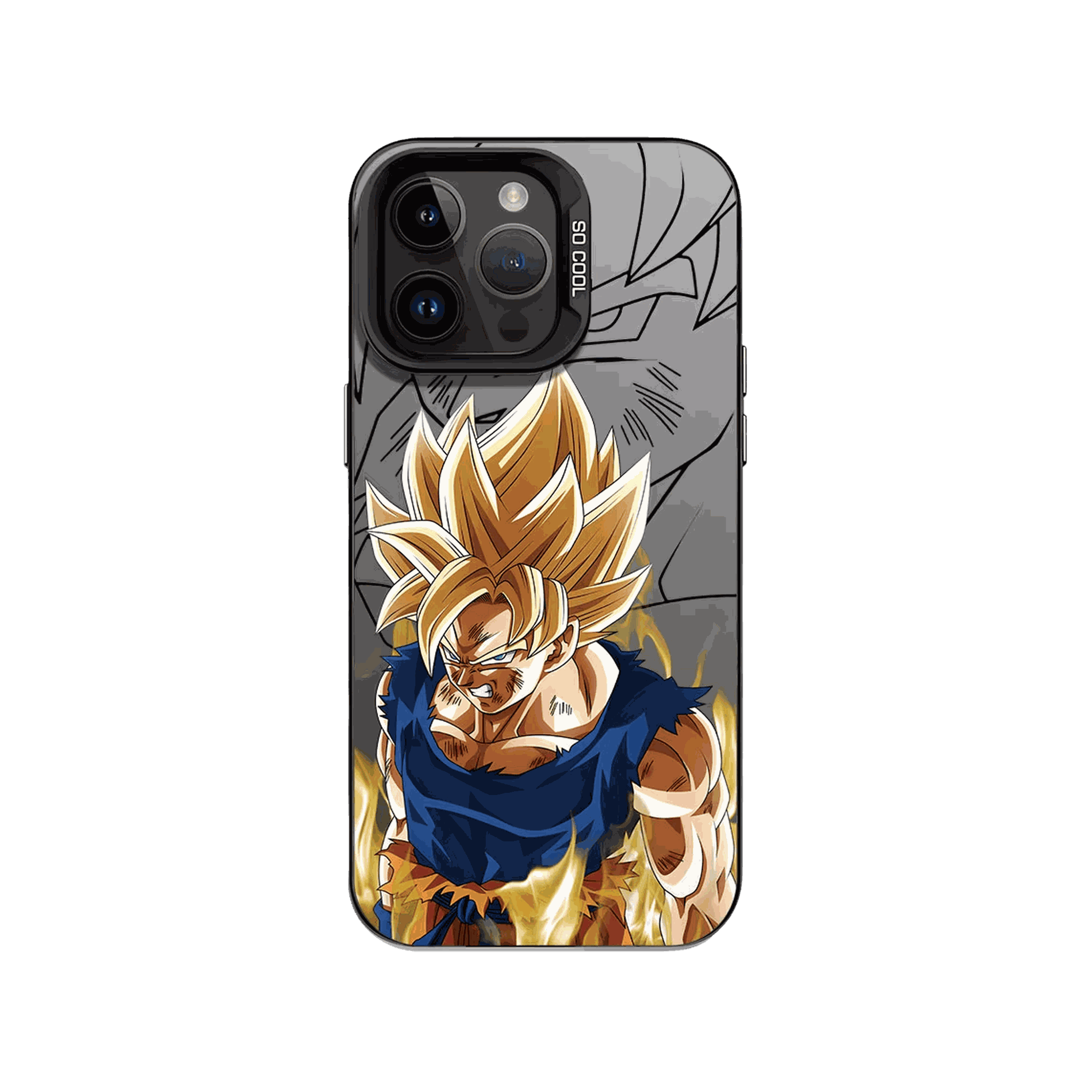 Coque iPhone Dragon Ball – Goku Super Saiyan, Brasier Doré, dominante noire et or
