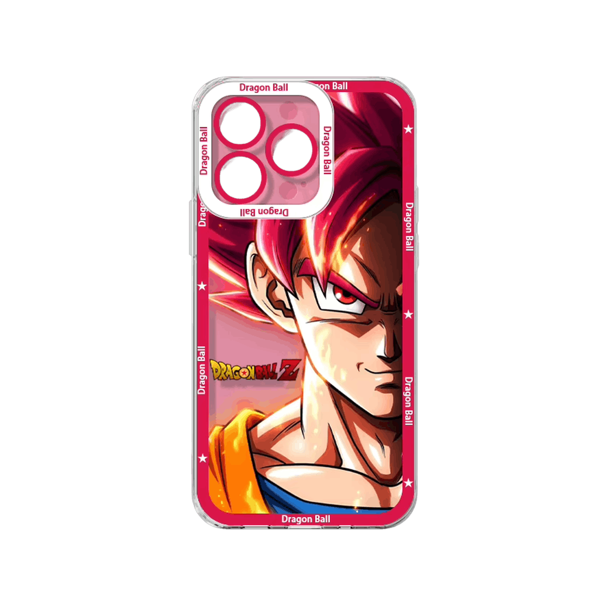 Coque iPhone Dragon Ball illustrant Goku Super Saiyan God sur un panneau rouge