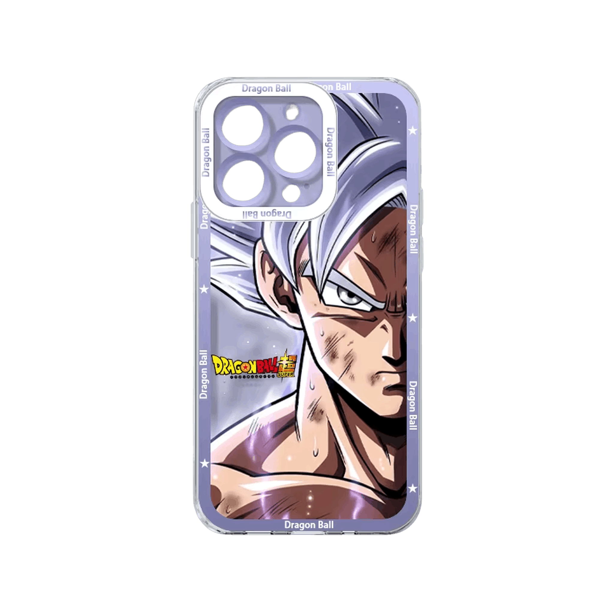 Coque iPhone Dragon Ball illustrant Goku Ultra Instinct maîtrisé sur un panneau lavande