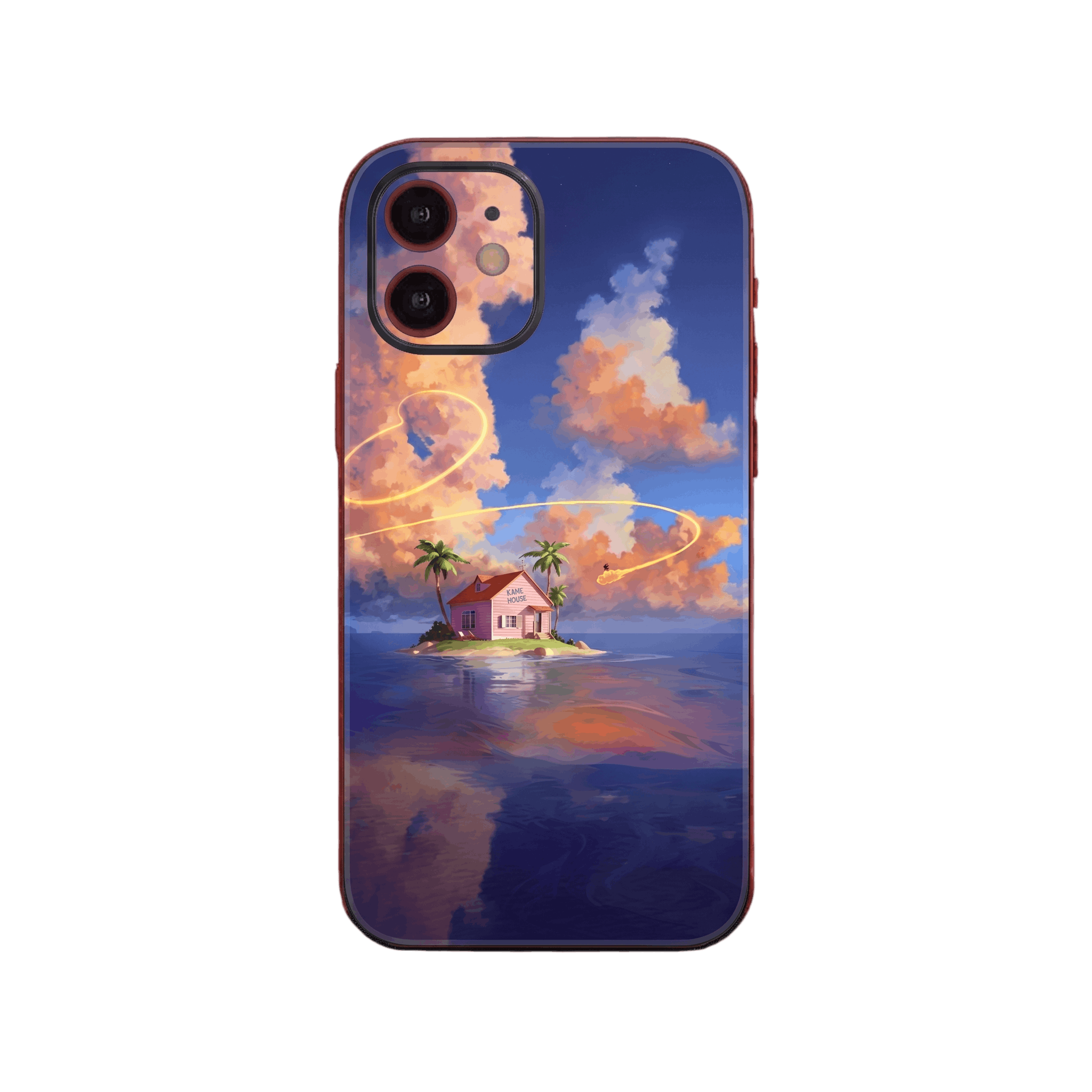 Coque iPhone Dragon Ball illustrant la Kame House sur son île au soleil couchant, avec le Nuage Magique dans le ciel