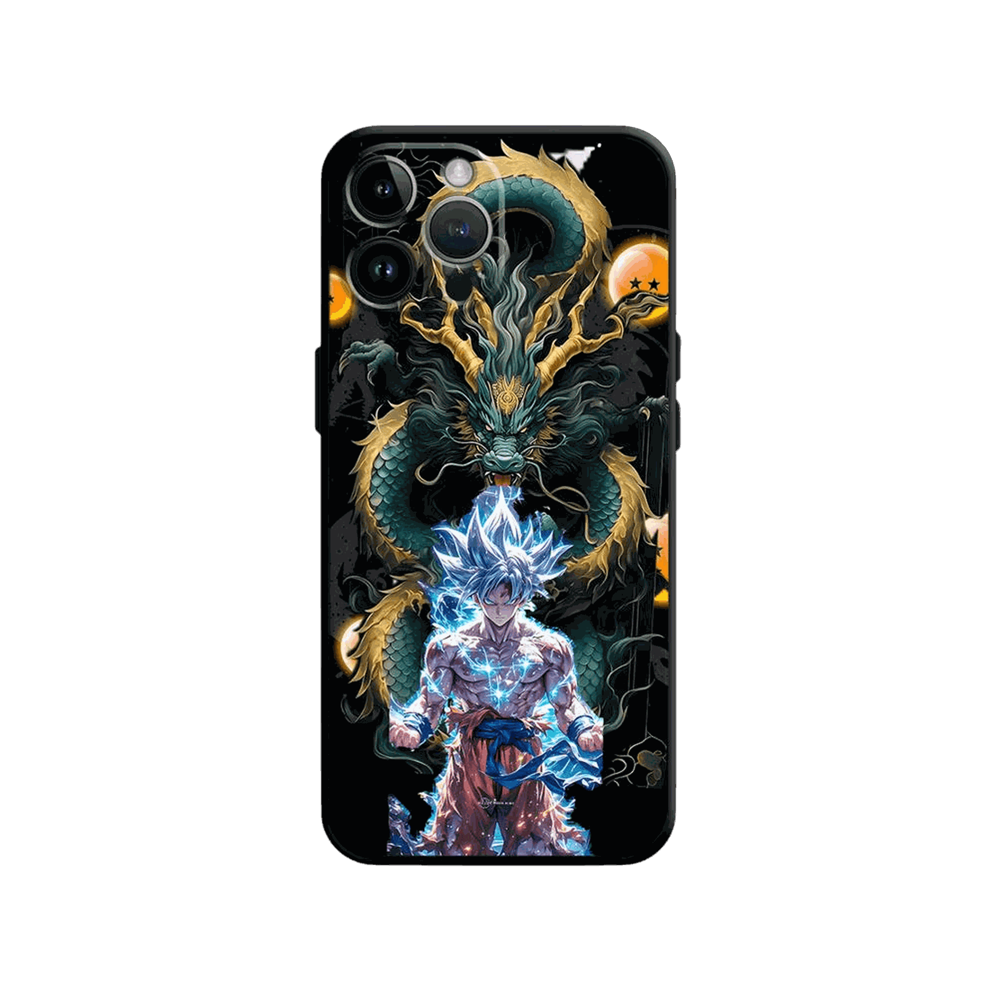Coque iPhone Dragon Ball illustrant shenron et l'énergie en dominante vert et or