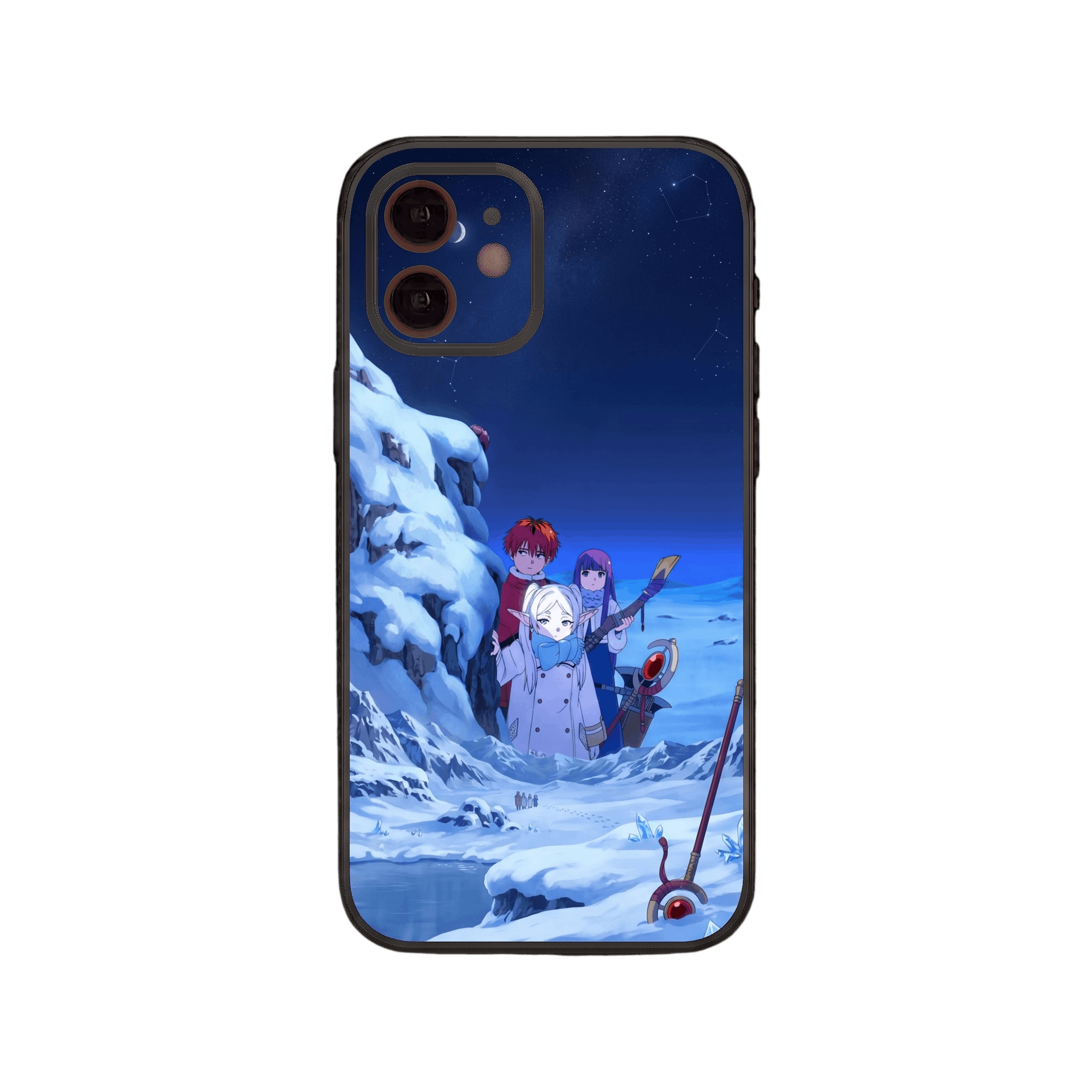 Coque iPhone Frieren illustrant Frieren, Fern et Stark dans une plaine enneigée sous un ciel étoilé et un croissant de lune