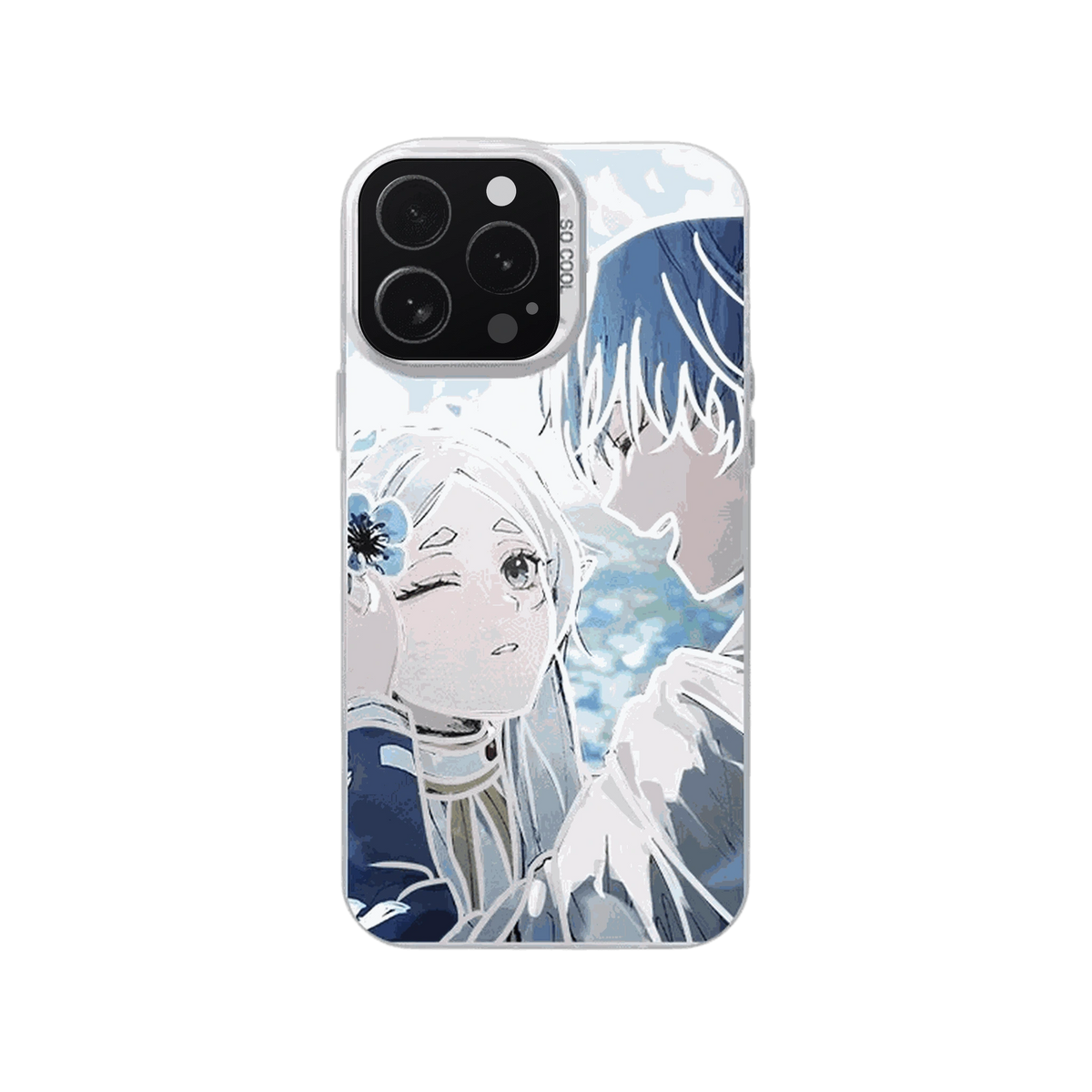 Coque iPhone Frieren – Frieren et Himmel, Face à Face, dominante bleu ciel