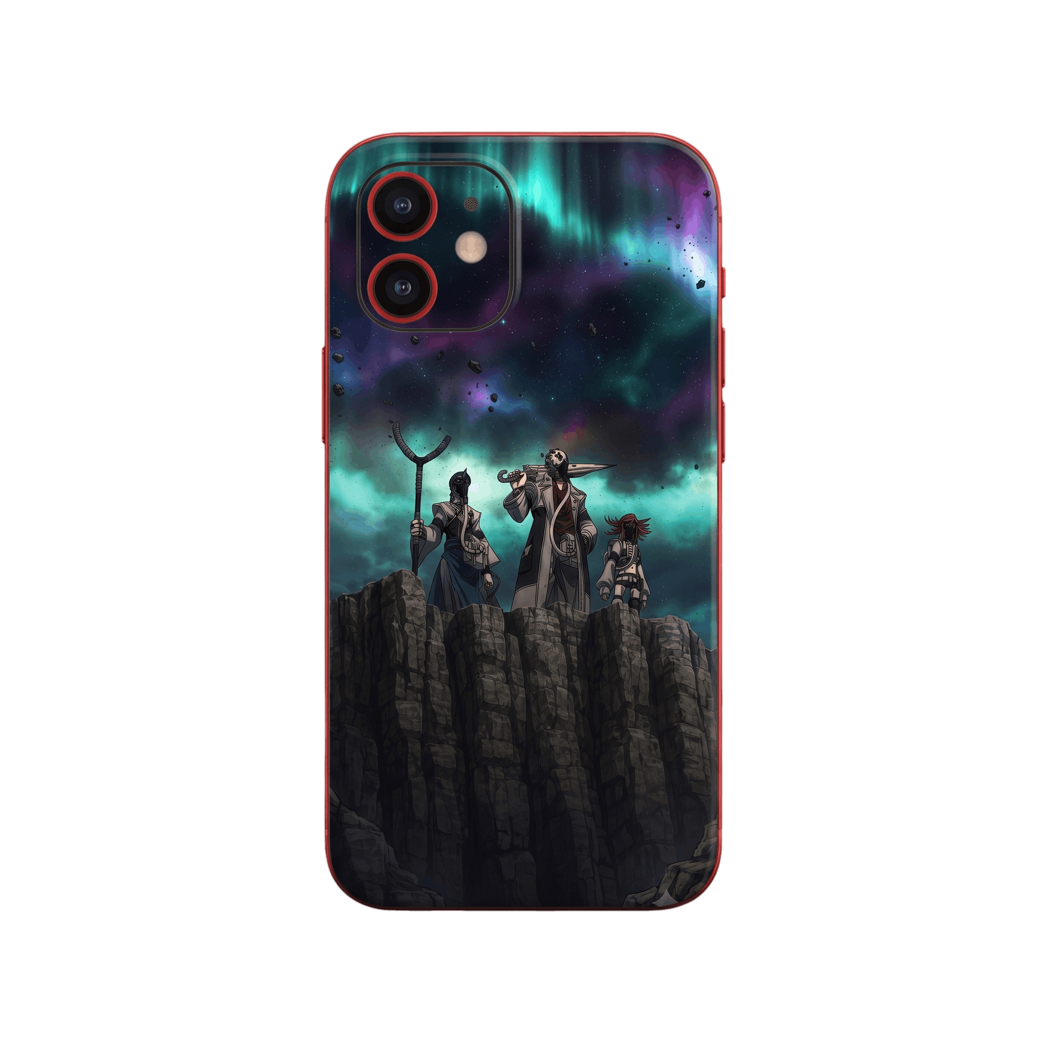 Coque iPhone Gachiakuta illustrant trois silhouettes masquées sur une falaise sous une aurore verte et violette