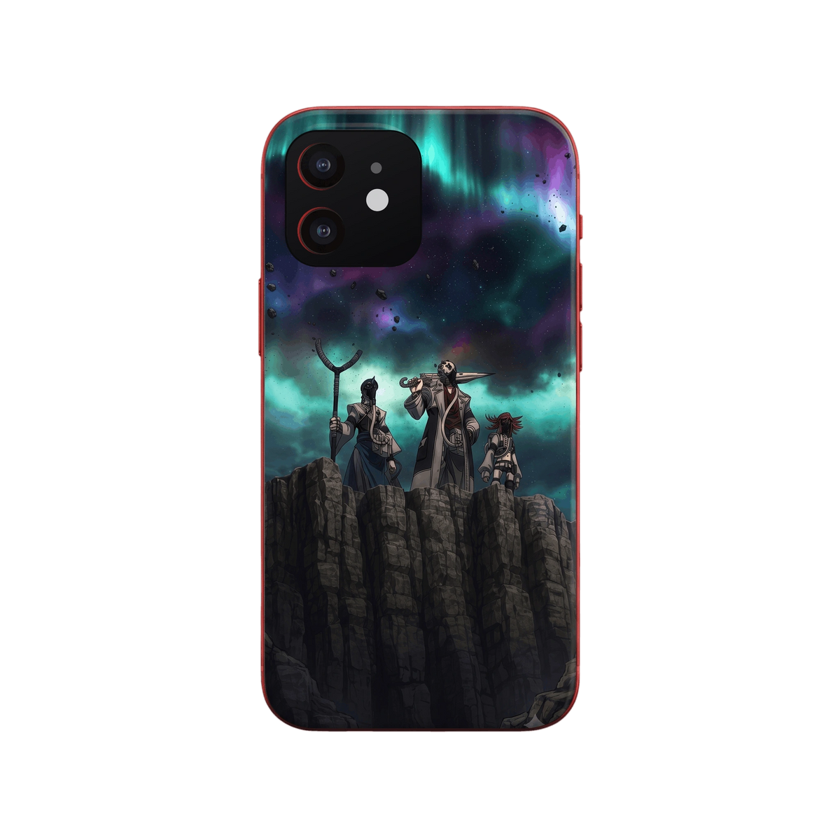 Coque iPhone Gachiakuta illustrant trois silhouettes masquées sur une falaise sous une aurore verte et violette