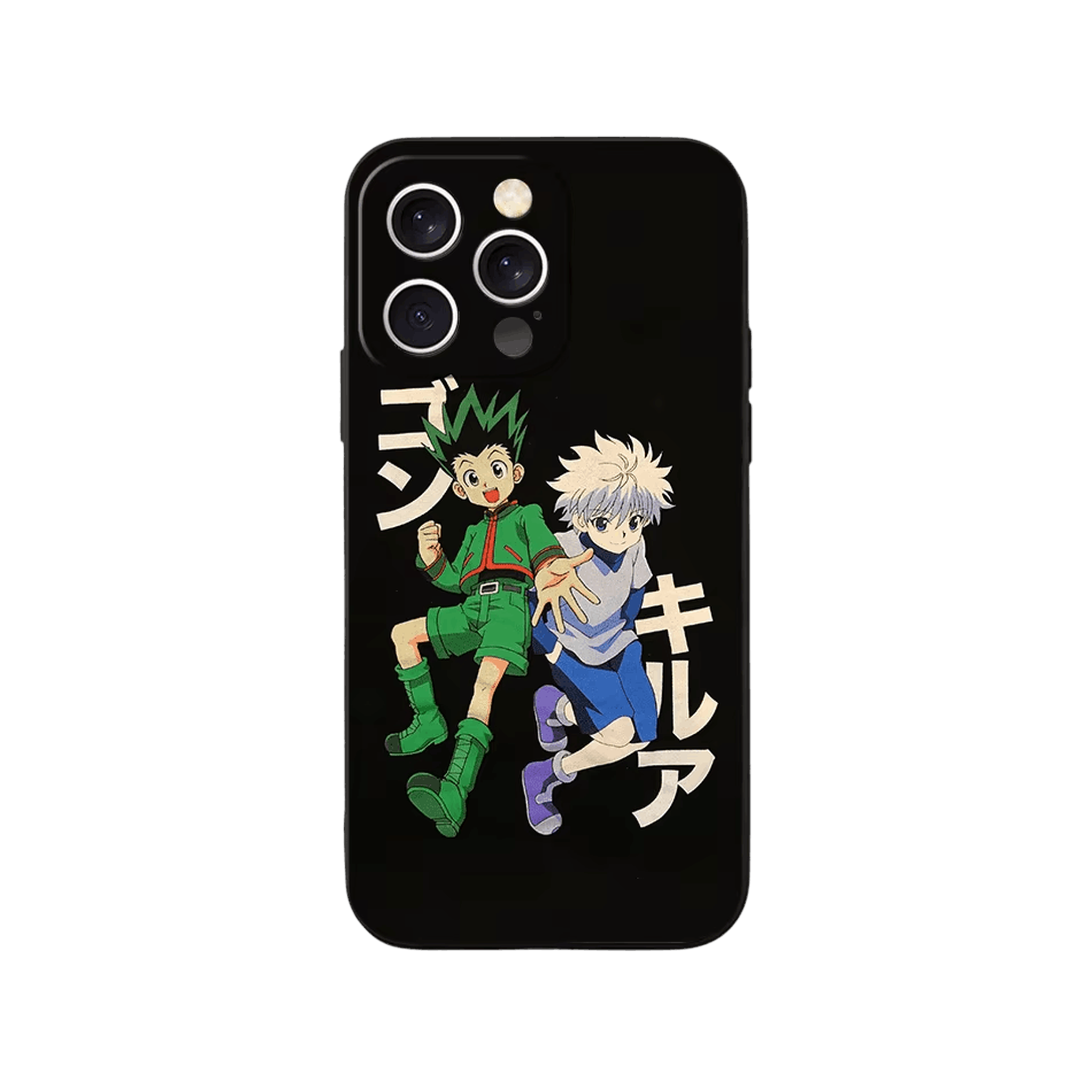 Coque iPhone Hunter x Hunter – Gon et Killua, Noms en Katakana, dominante noir