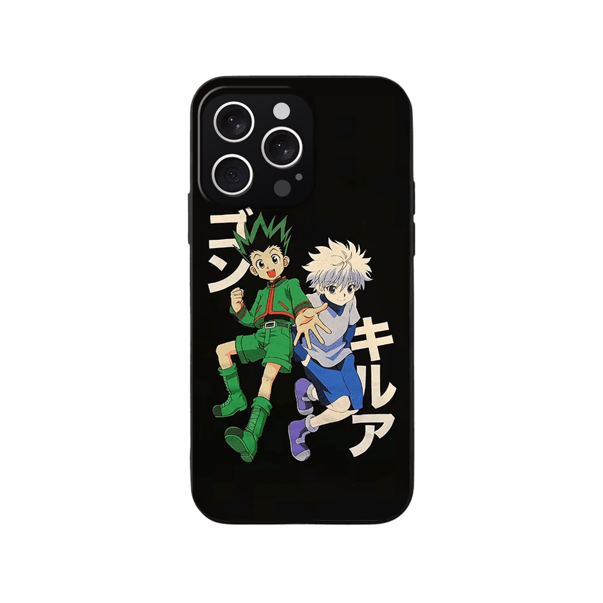 Coque iPhone Hunter x Hunter – Gon et Killua, Noms en Katakana, dominante noir