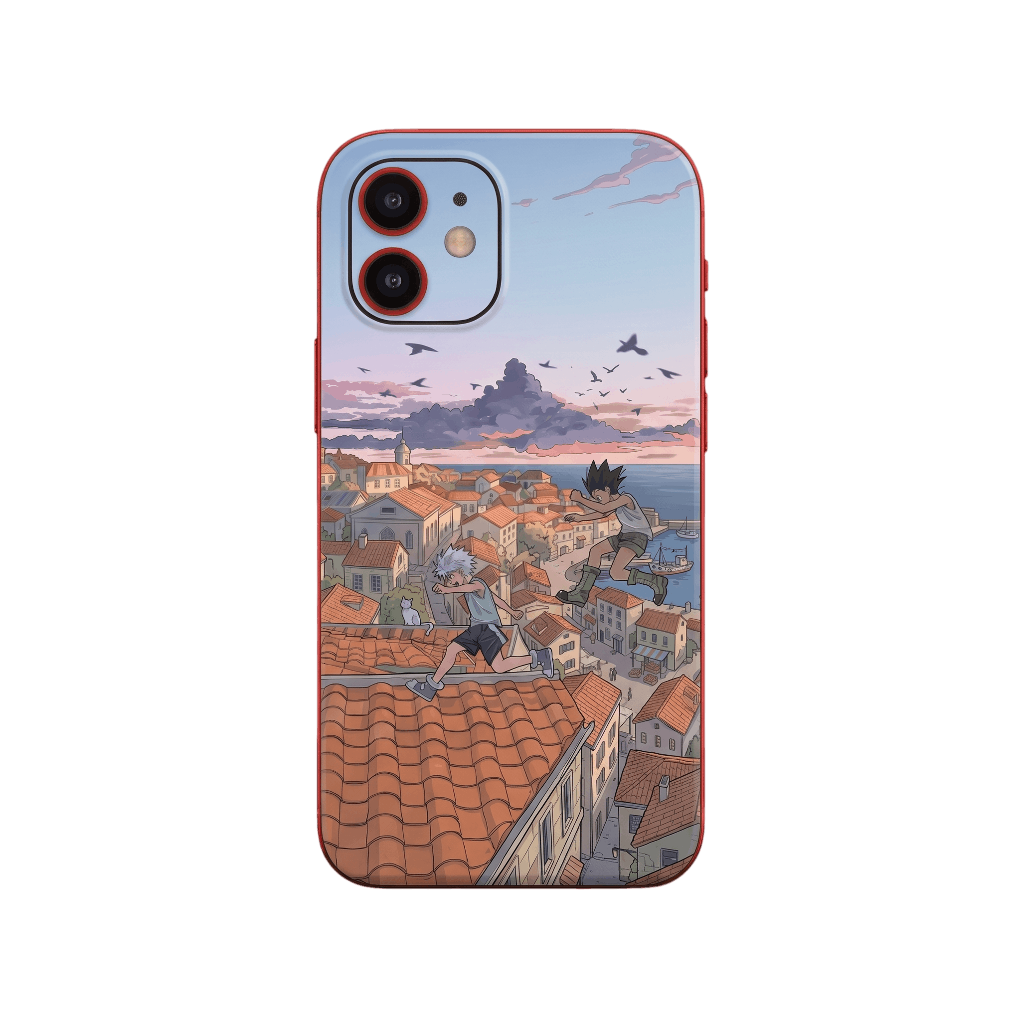 Coque iPhone Hunter x Hunter illustrant Gon et Killua courant sur les toits d'un port méditerranéen au crépuscule