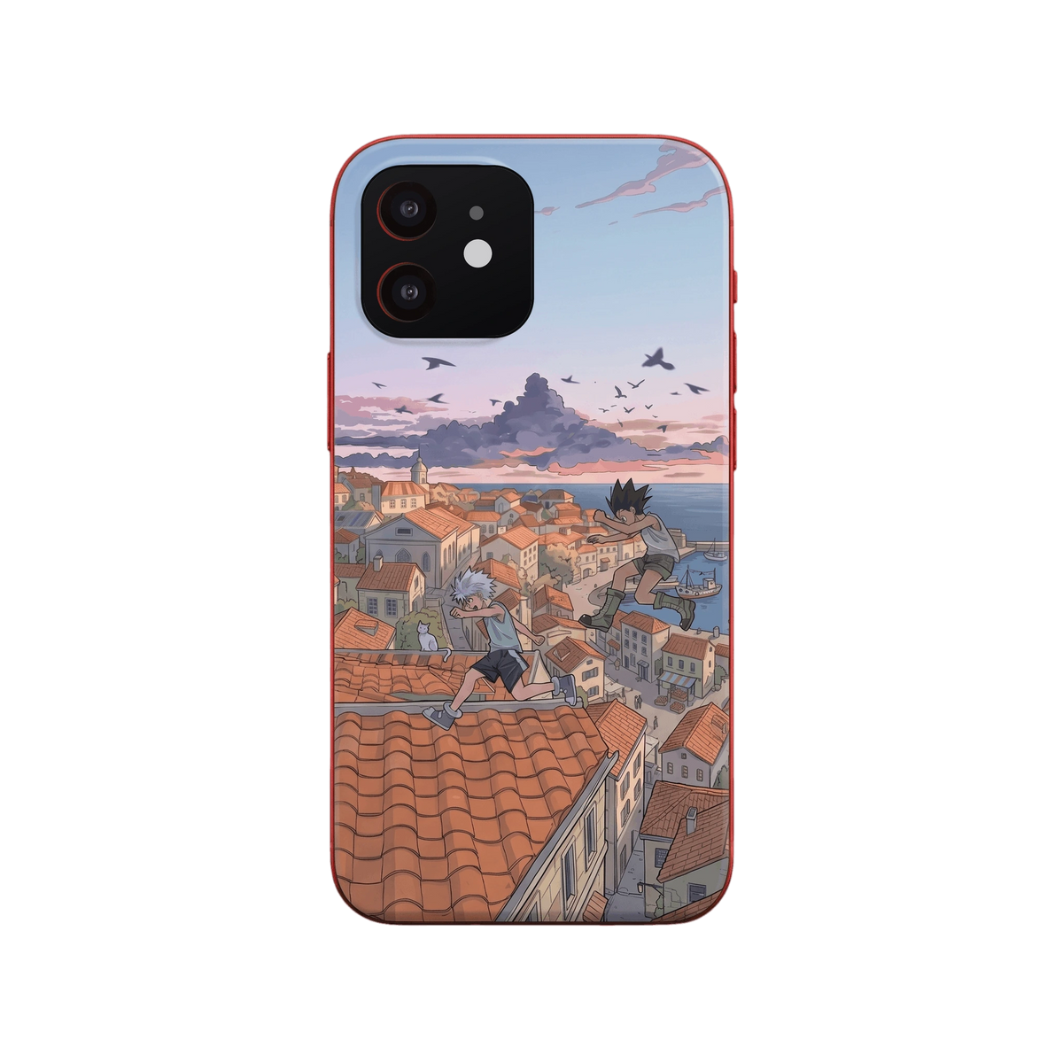 Coque iPhone Hunter x Hunter illustrant Gon et Killua courant sur les toits d'un port méditerranéen au crépuscule