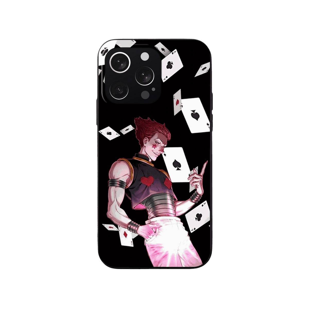 Coque iPhone Hunter x Hunter – Hisoka, Pluie de Cartes, dominante noir et rose