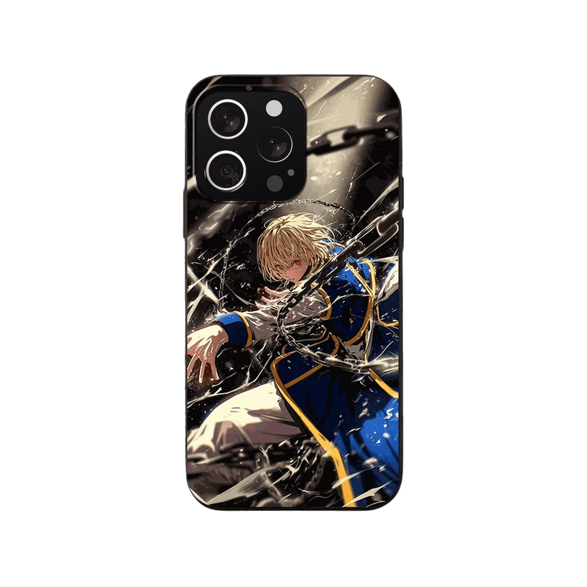Coque iPhone Hunter x Hunter – Kurapika, Chaîne de Lumière, dominante doré et bleu