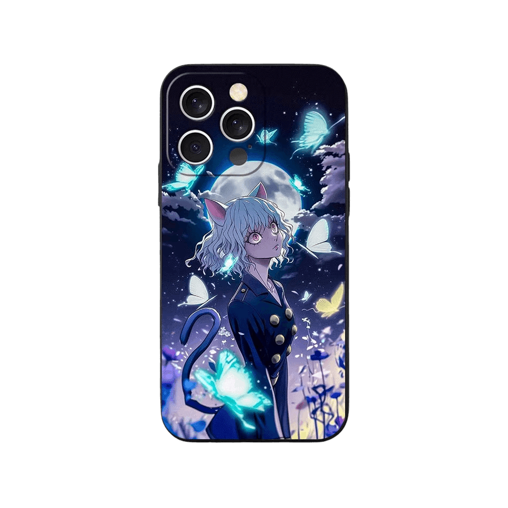 Coque iPhone Hunter x Hunter – Pitou et les Papillons, dominante bleu nuit
