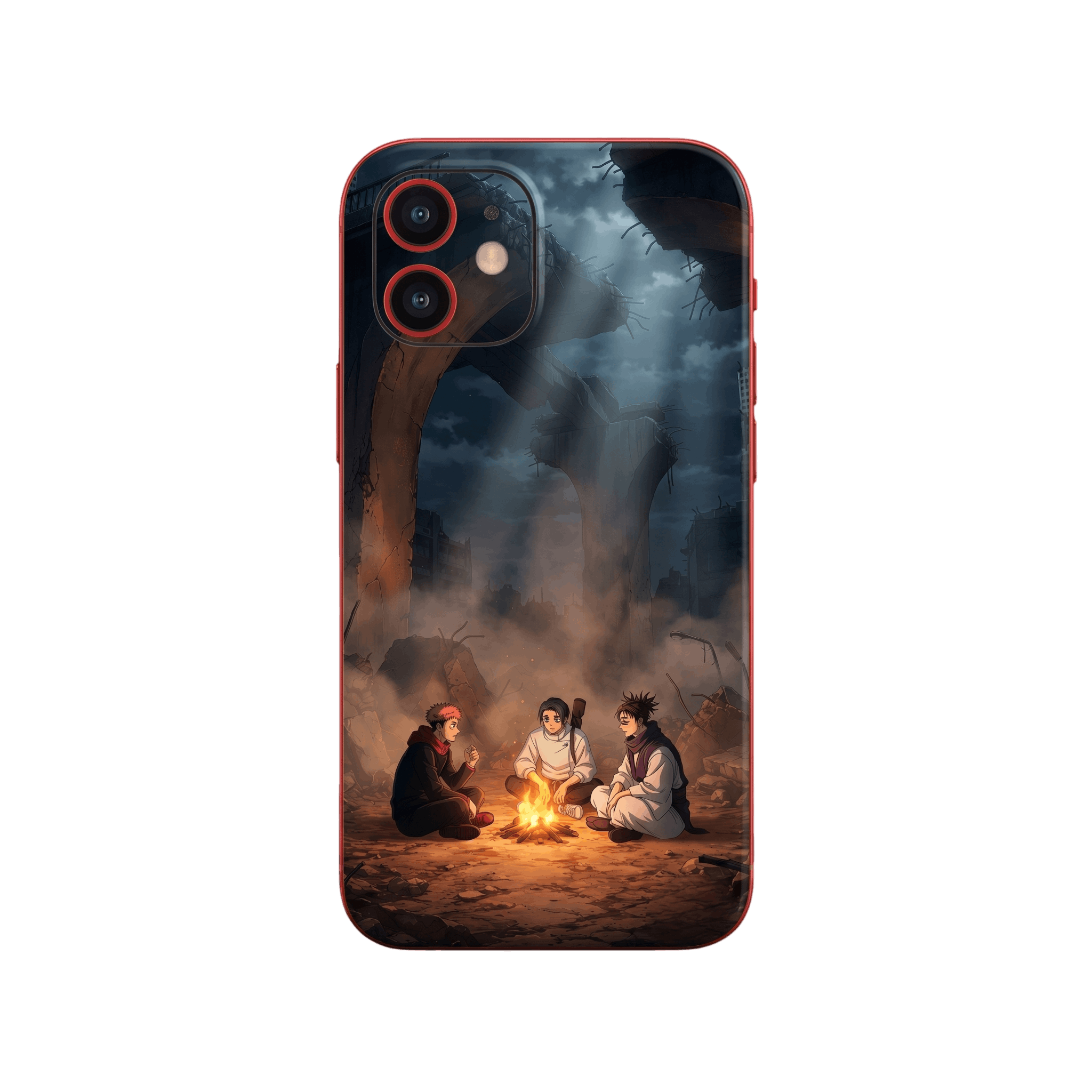 Coque iPhone Jujutsu Kaisen illustrant trois exorcistes autour d'un feu de camp dans une ville en ruines