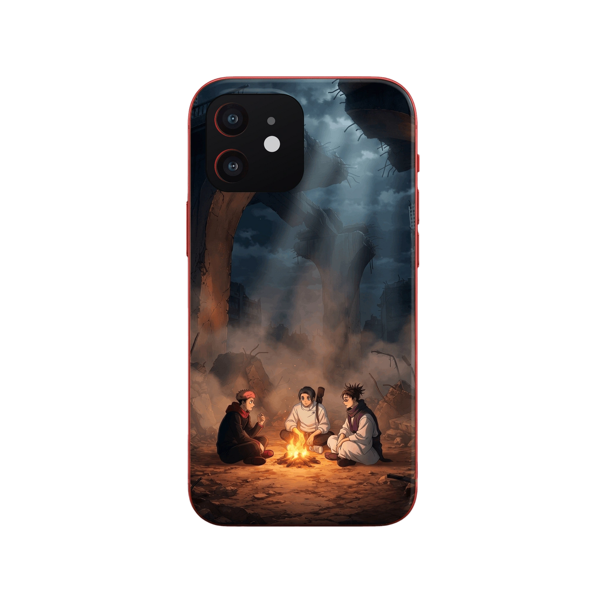 Coque iPhone Jujutsu Kaisen illustrant trois exorcistes autour d'un feu de camp dans une ville en ruines