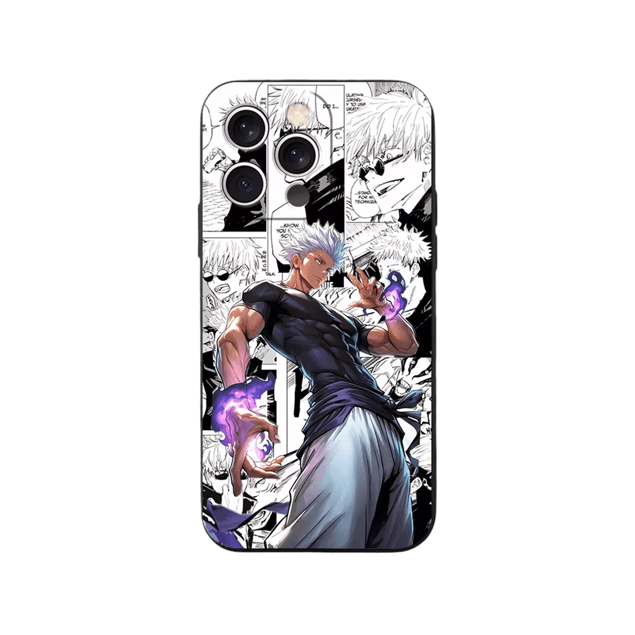 Coque iPhone Jujutsu Kaisen – Gojo, les Deux Mains, dominante violet et gris