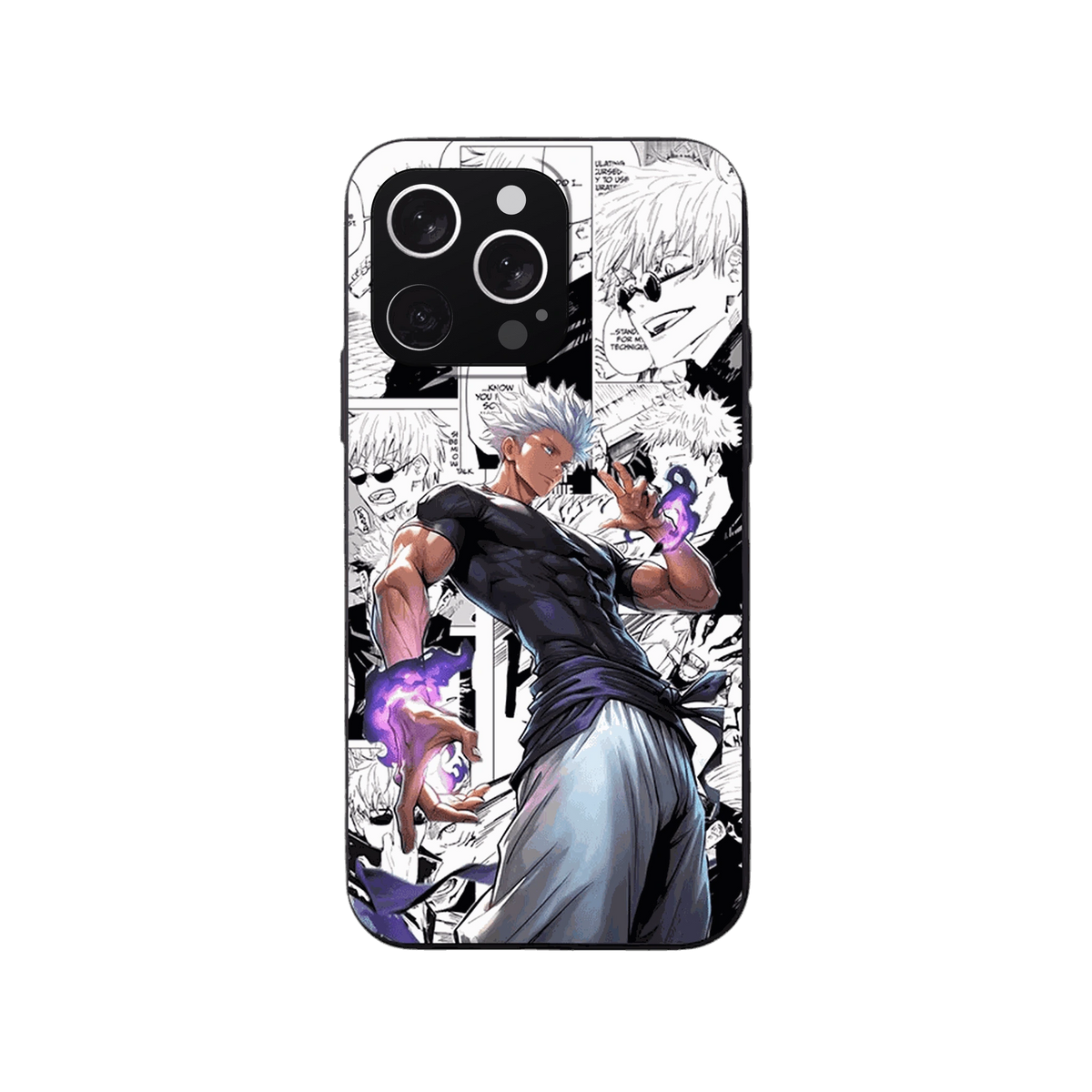 Coque iPhone Jujutsu Kaisen – Gojo, les Deux Mains, dominante violet et gris