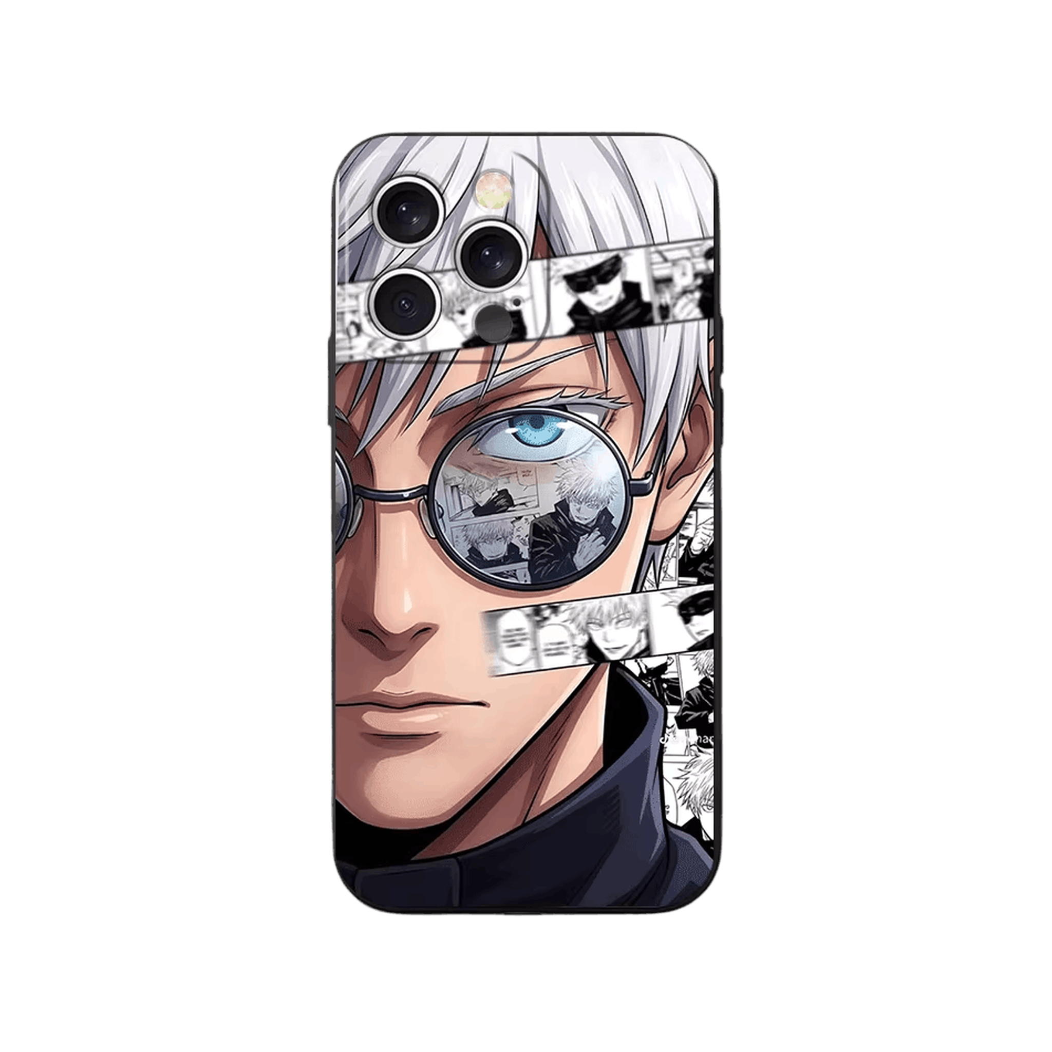 Coque iPhone Jujutsu Kaisen – Gojo, Planches dans le Verre, dominante beige et bleu