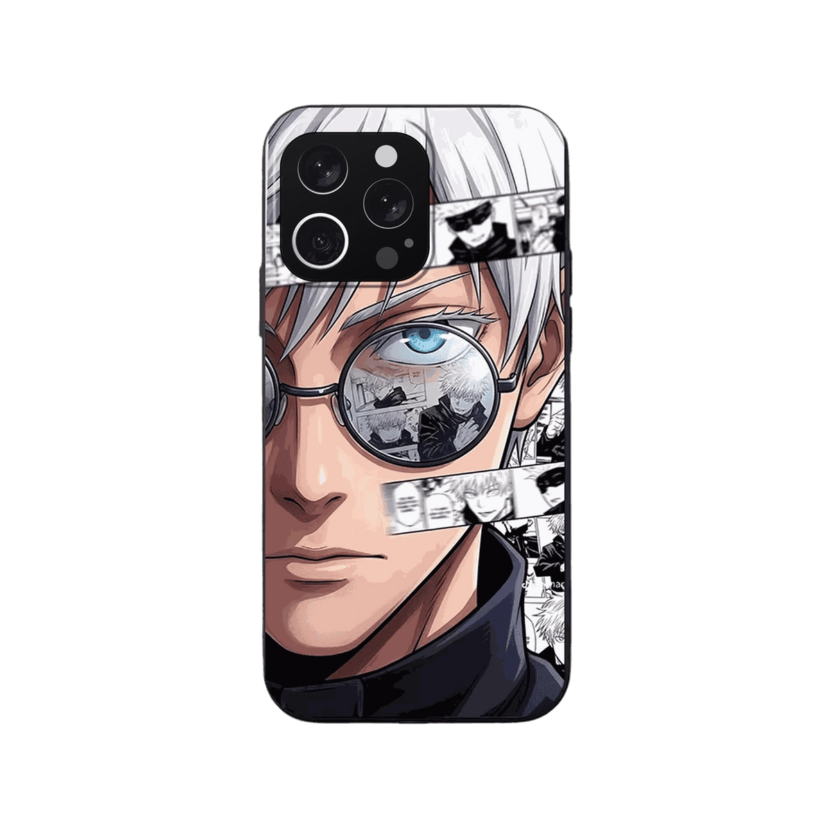 Coque iPhone Jujutsu Kaisen – Gojo, Planches dans le Verre, dominante beige et bleu