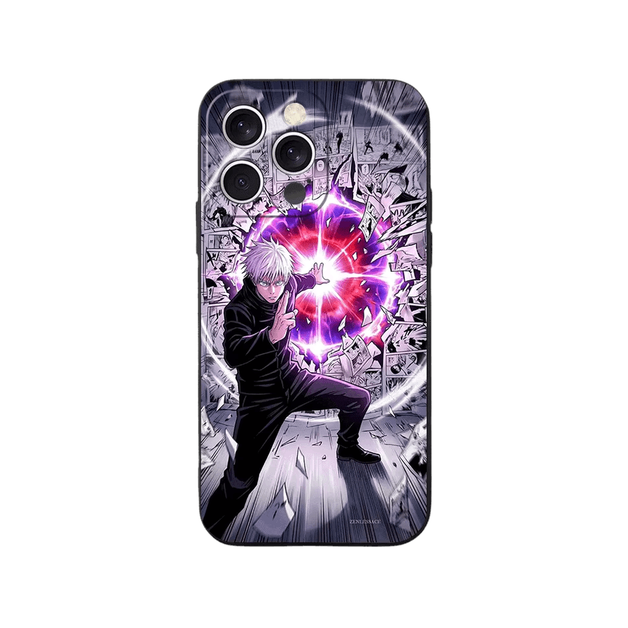 Coque iPhone Jujutsu Kaisen – Gojo, la Sphère Écarlate, dominante violet et rouge