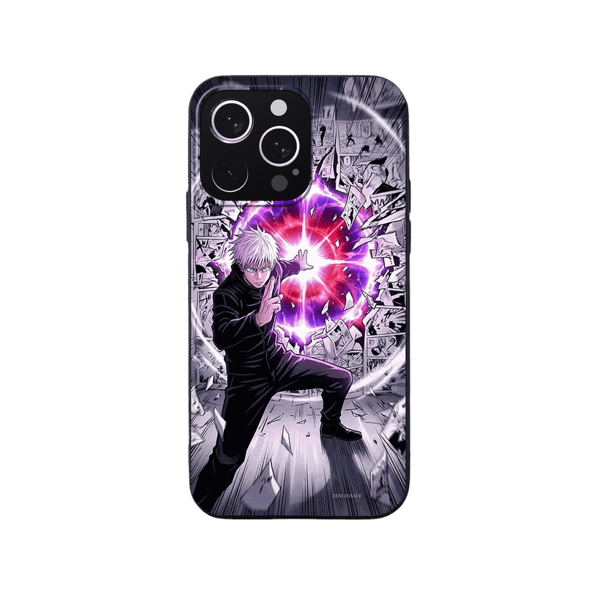 Coque iPhone Jujutsu Kaisen – Gojo, la Sphère Écarlate, dominante violet et rouge