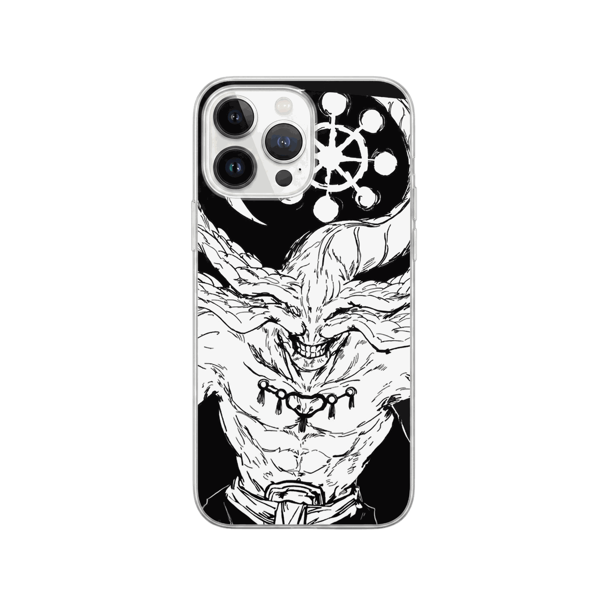 Coque iPhone Jujutsu Kaisen – Mahoraga, le Buste Enchaîné, dominante noir et blanc