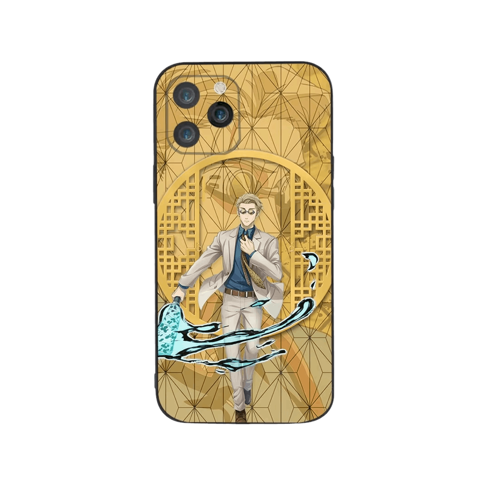 Coque iPhone Jujutsu Kaisen illustrant nanami, motif doré en dominante doré