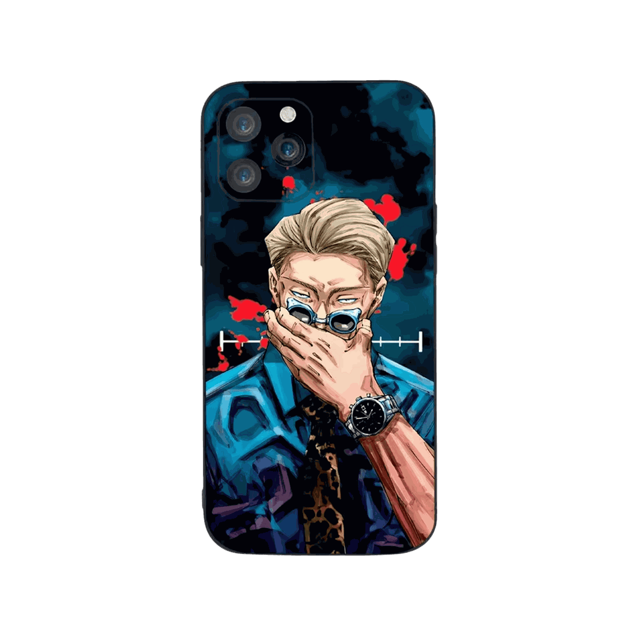 Coque iPhone Jujutsu Kaisen illustrant nanami, lunettes ajustées en dominante bleu et rouge