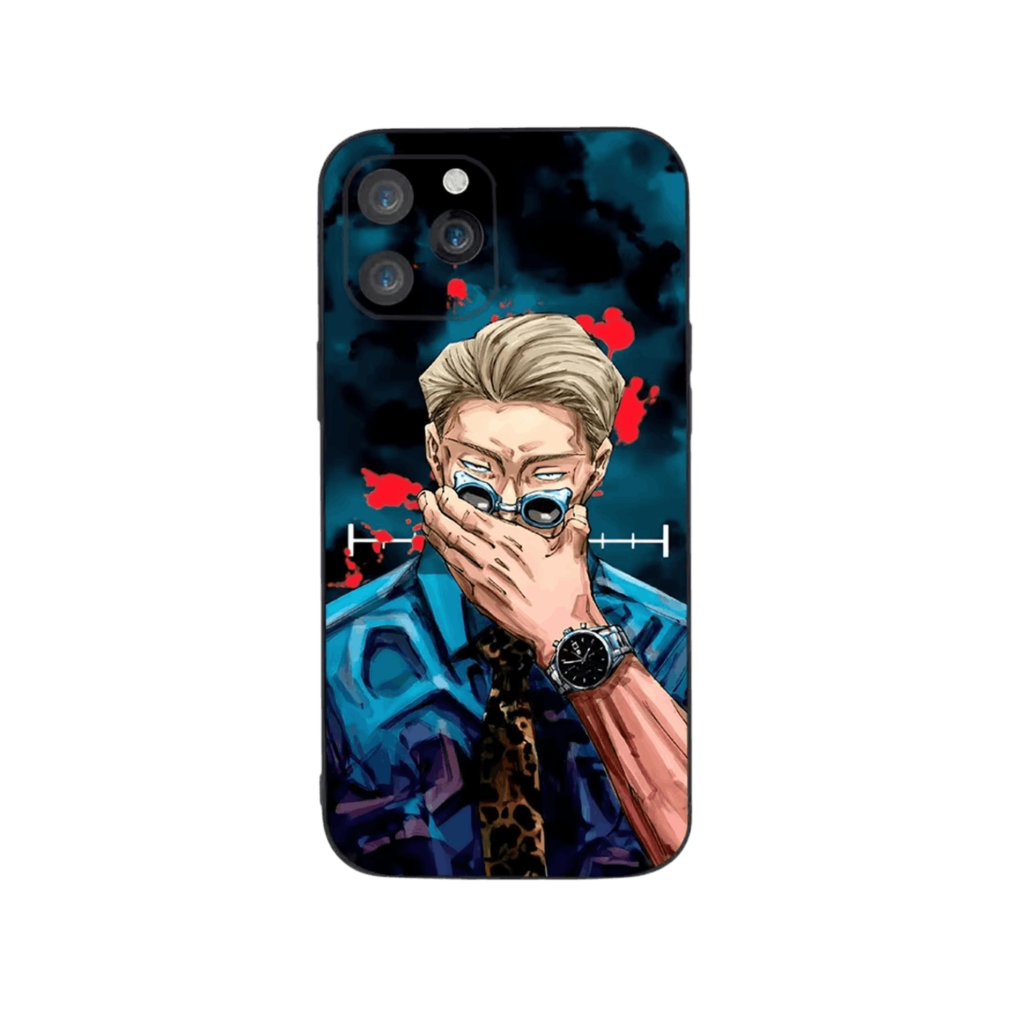 Coque iPhone Jujutsu Kaisen illustrant nanami, lunettes ajustées en dominante bleu et rouge