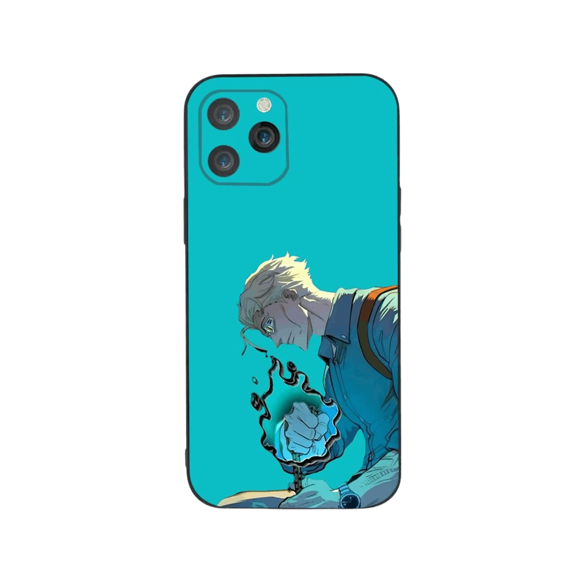 Coque iPhone Jujutsu Kaisen illustrant nanami sur turquoise en dominante turquoise