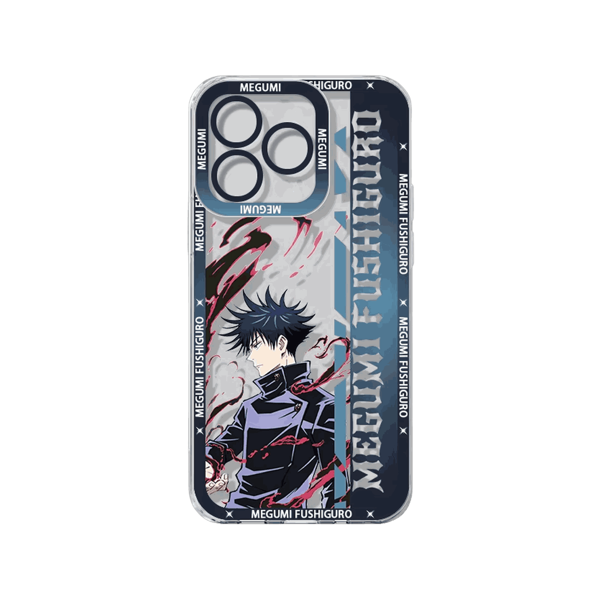 Coque iPhone Jujutsu Kaisen illustrant megumi fushiguro en dominante bleu nuit