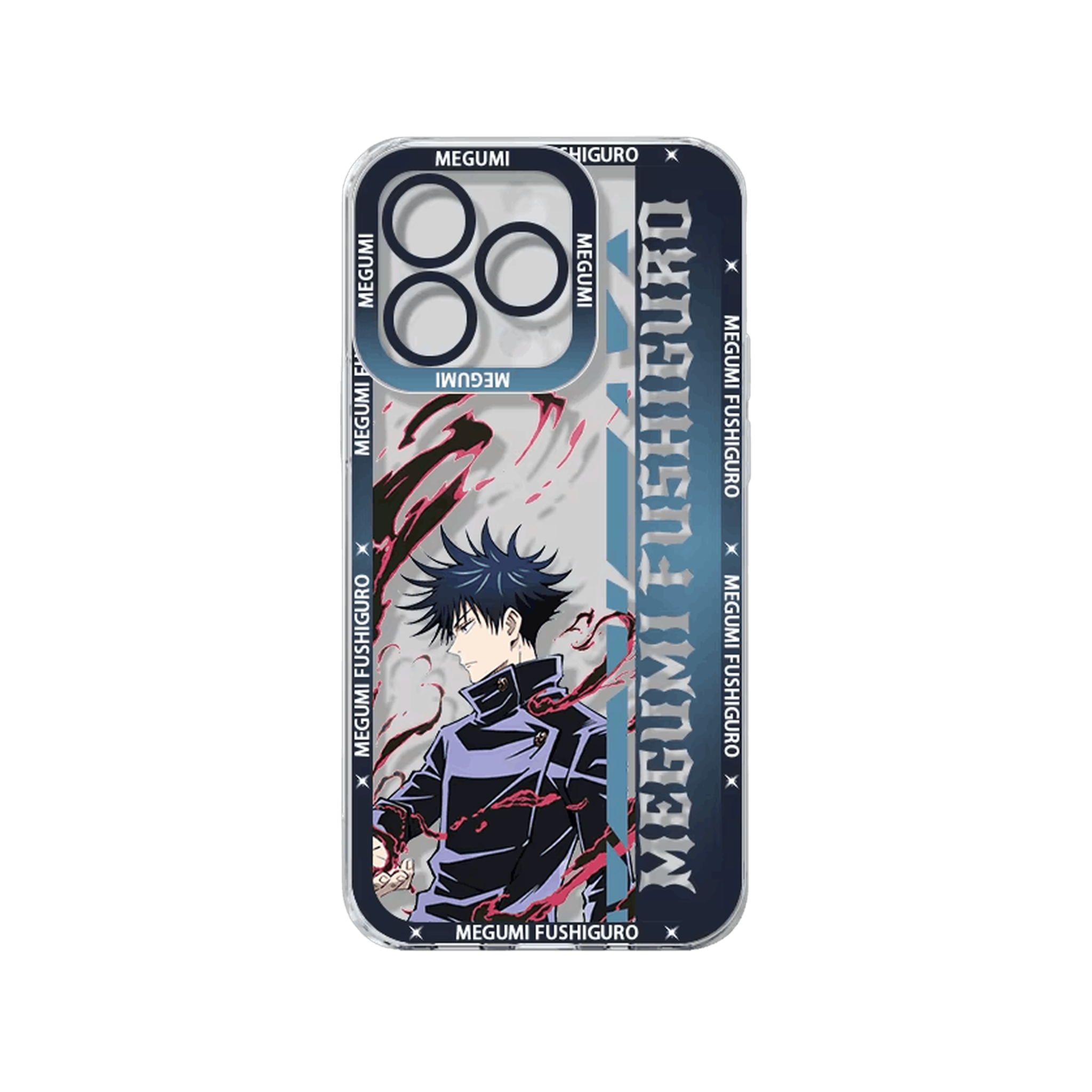 Coque iPhone Jujutsu Kaisen illustrant megumi fushiguro en dominante bleu nuit