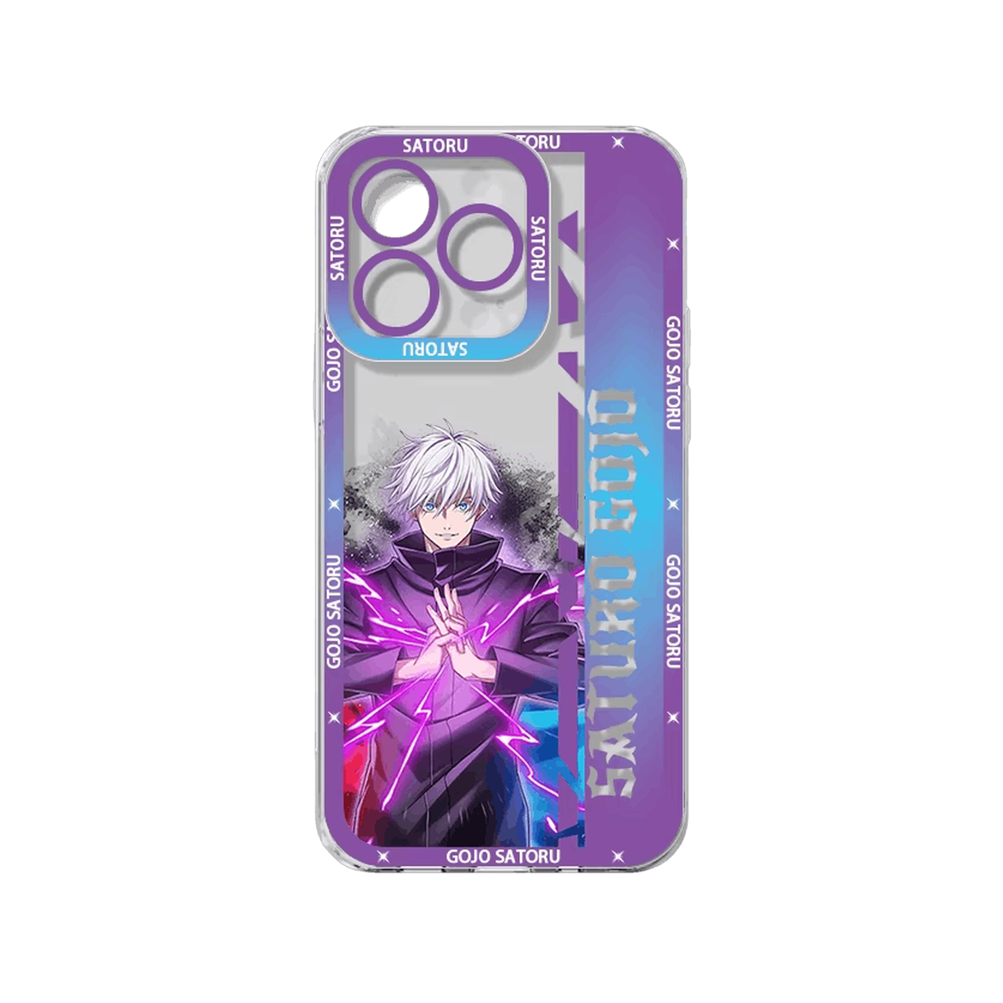 Coque iPhone Jujutsu Kaisen illustrant satoru gojo en dominante violet