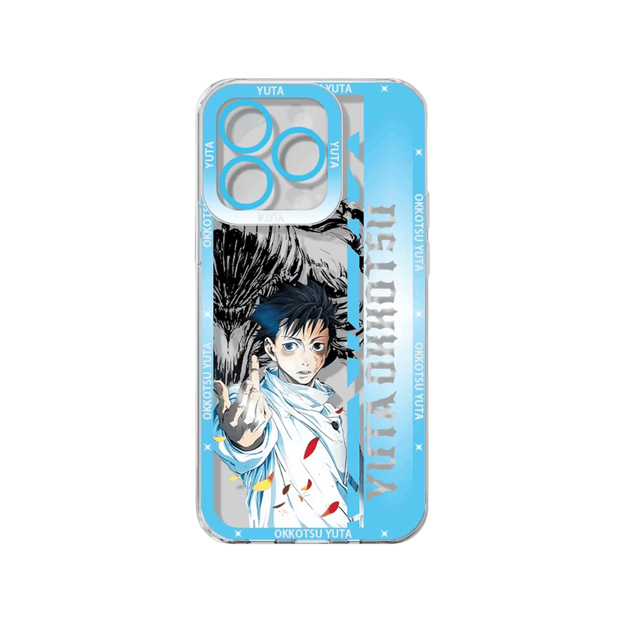 Coque iPhone Jujutsu Kaisen illustrant yuta okkotsu en dominante bleu clair