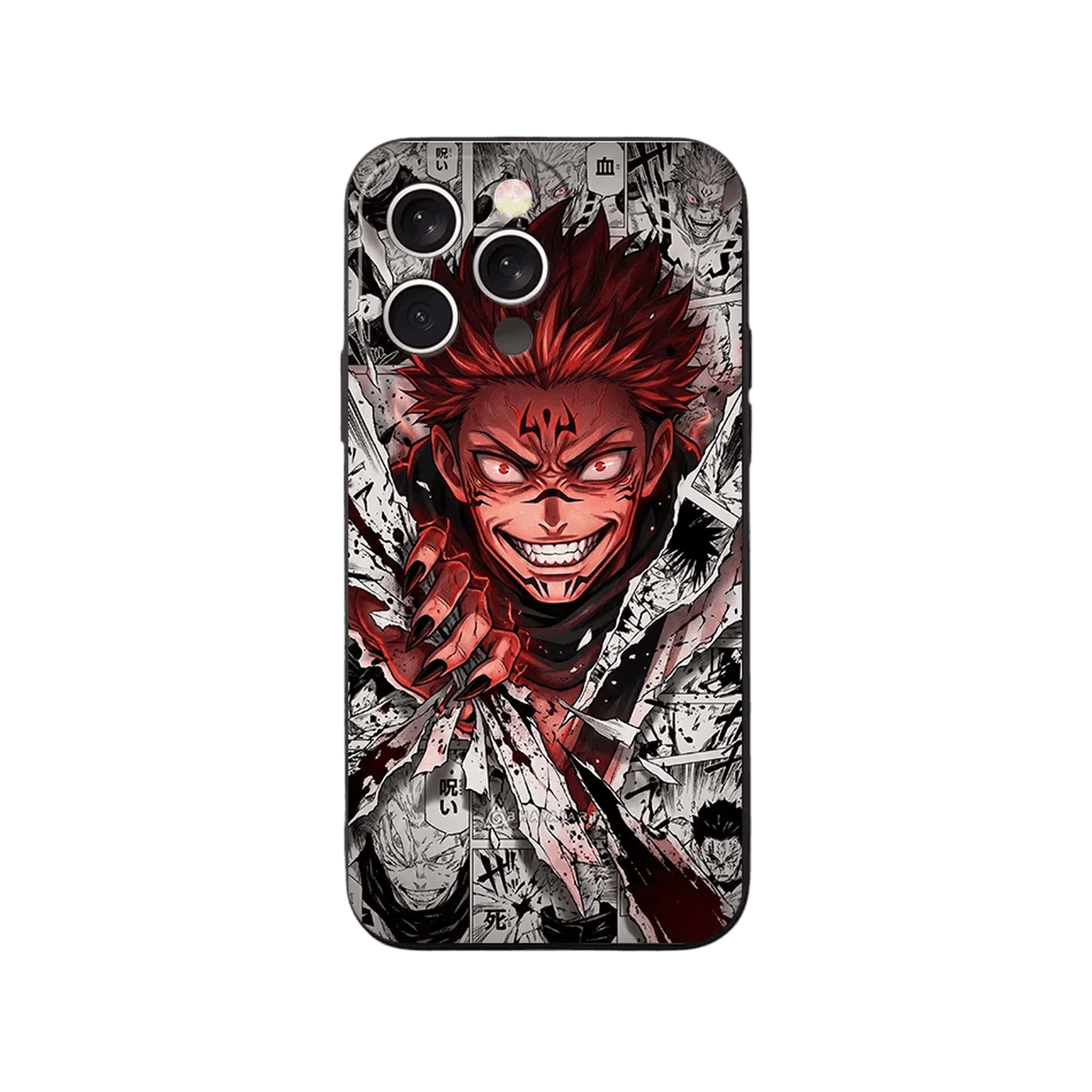 Coque iPhone Jujutsu Kaisen – Sukuna, Collage Manga, dominante rouge sur noir et blanc