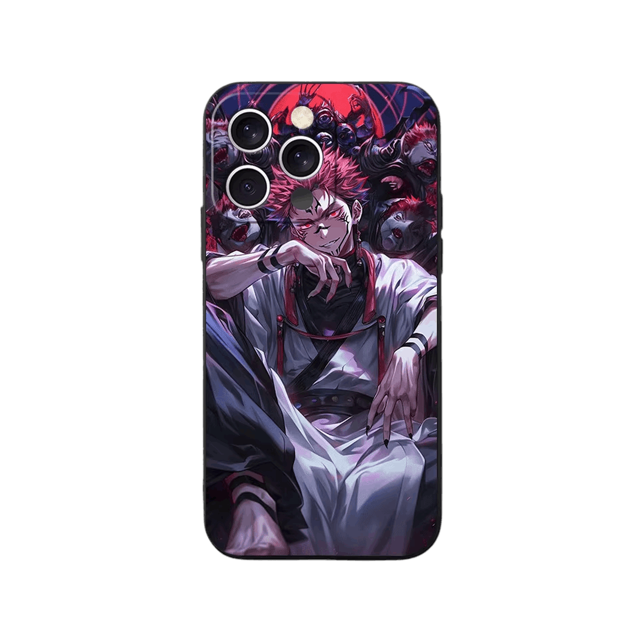 Coque iPhone Jujutsu Kaisen – Sukuna sur son Trône, dominante violet sombre