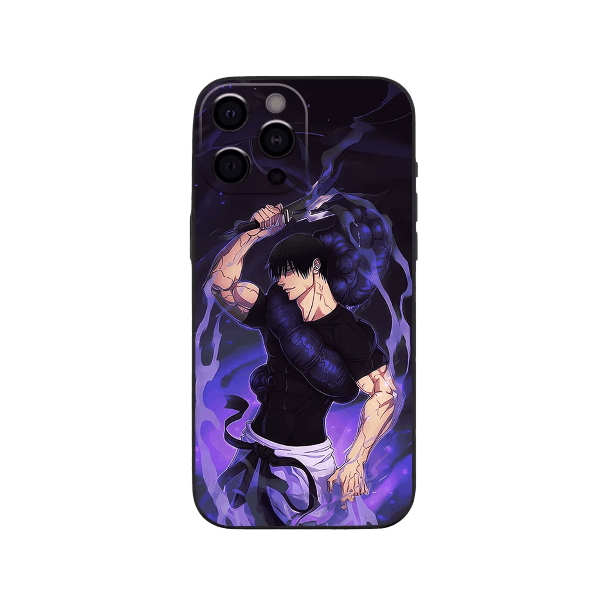 Coque iPhone Jujutsu Kaisen illustrant toji et l'aura violette en dominante violet sombre