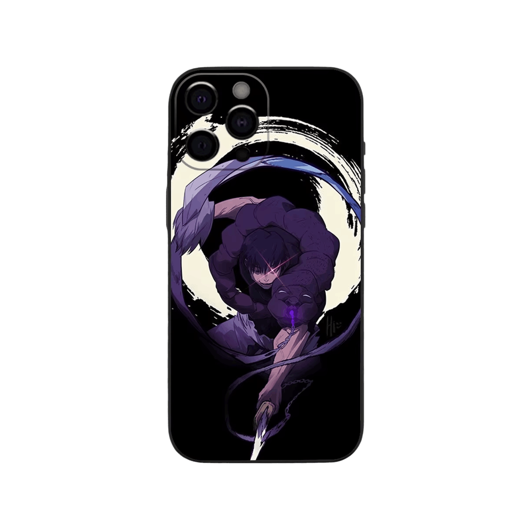 Coque iPhone Jujutsu Kaisen illustrant toji, cercle violet en dominante violet
