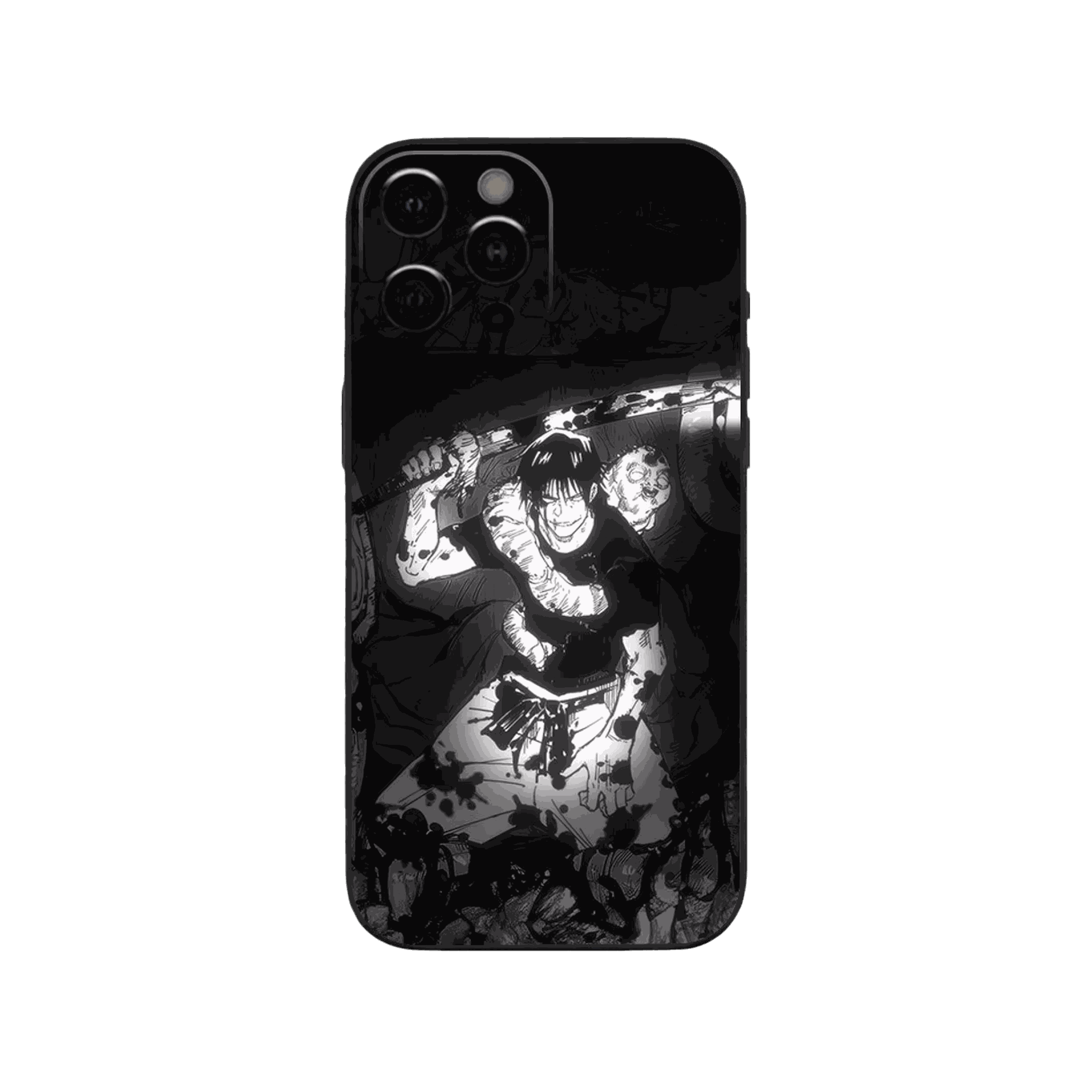 Coque iPhone Jujutsu Kaisen illustrant toji, collage sombre en dominante noir