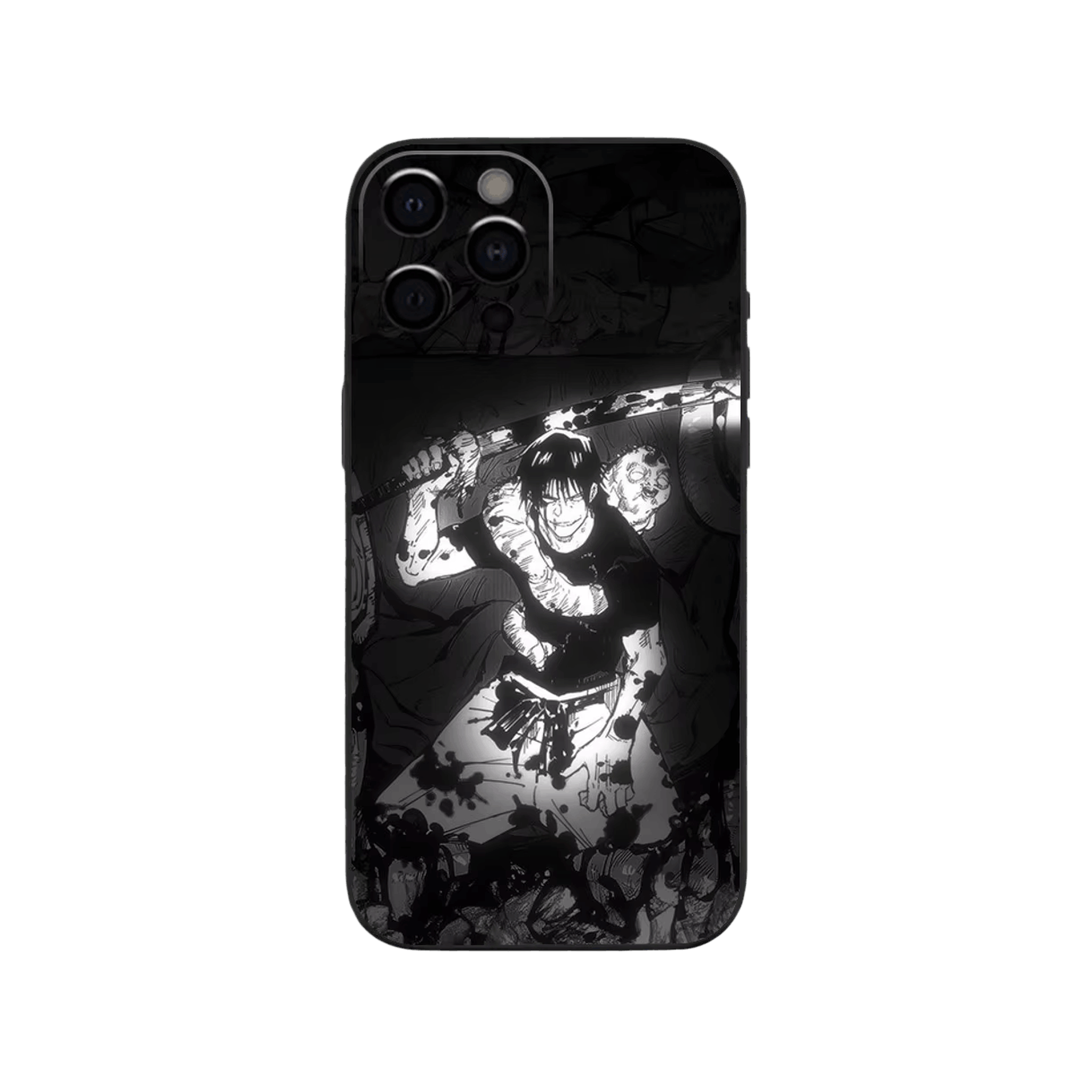 Coque iPhone Jujutsu Kaisen illustrant toji, collage sombre en dominante noir