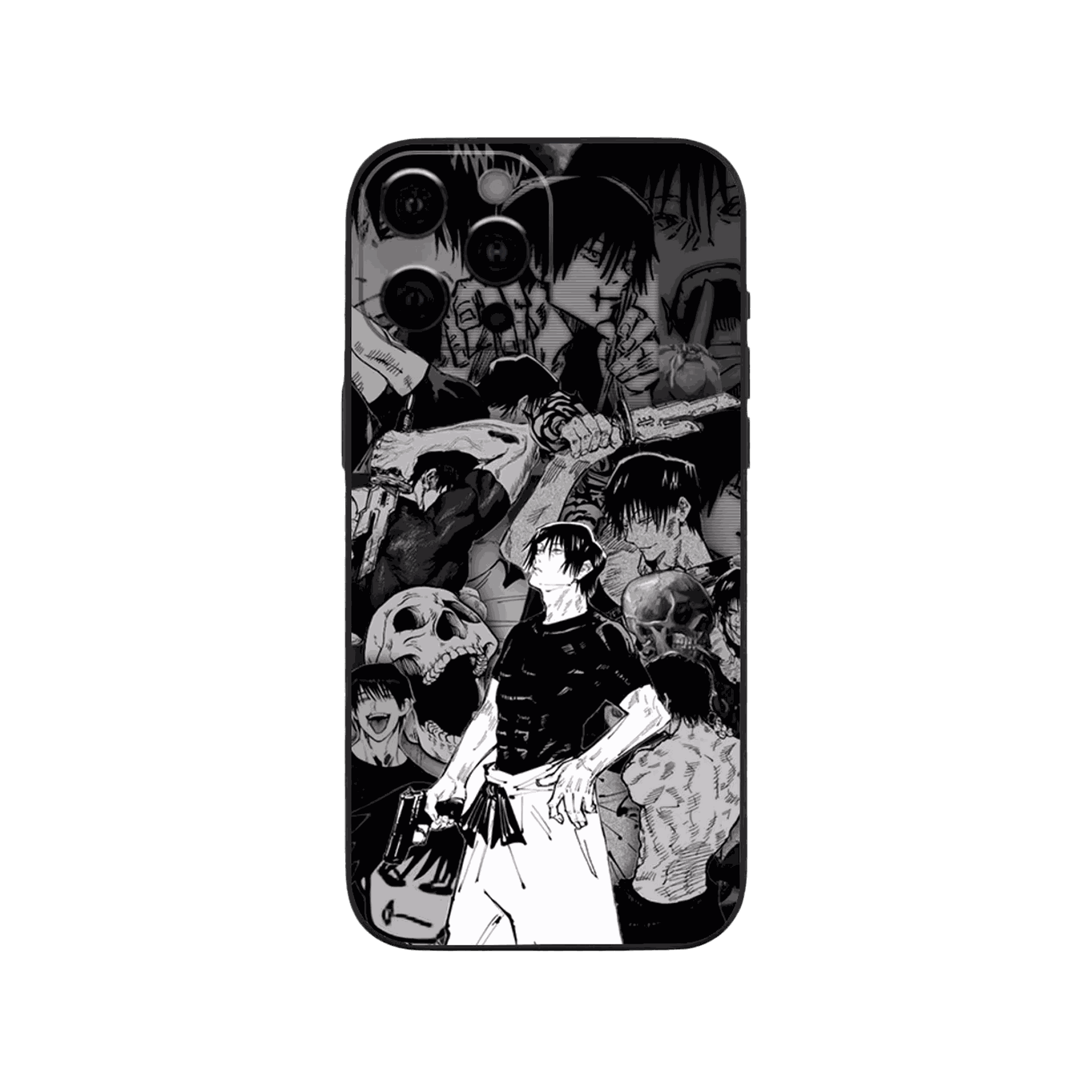 Coque iPhone Jujutsu Kaisen illustrant toji, fresque en dominante gris