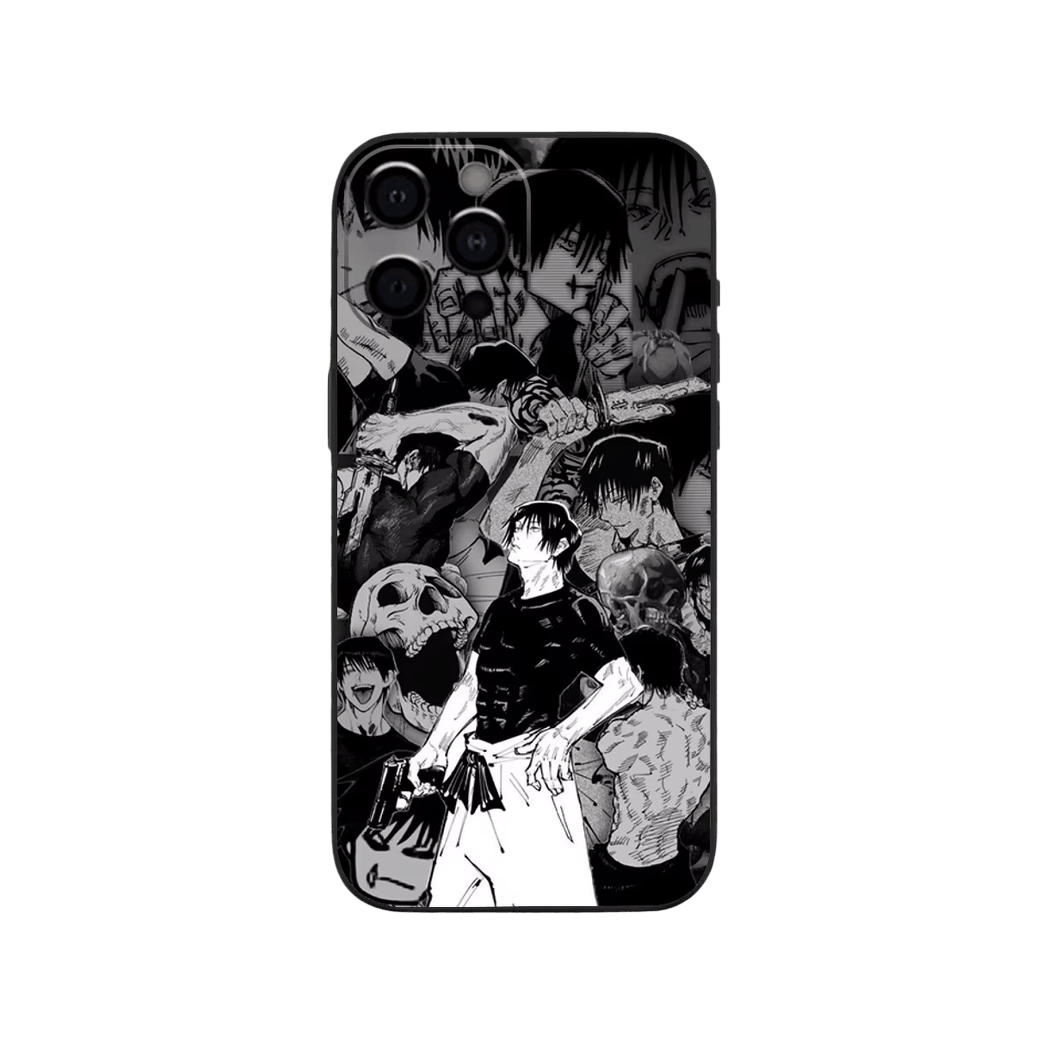 Coque iPhone Jujutsu Kaisen illustrant toji, fresque en dominante gris