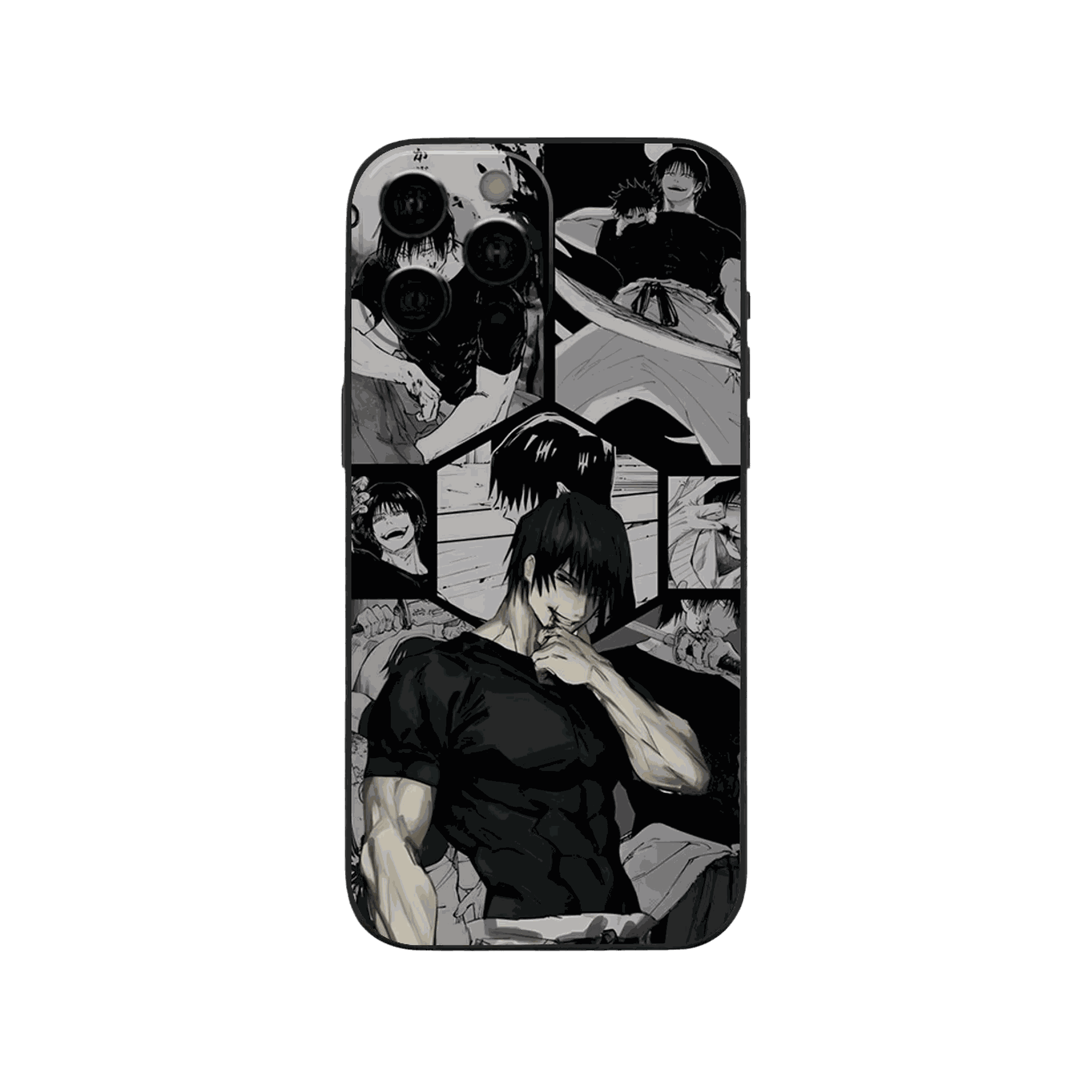 Coque iPhone Jujutsu Kaisen illustrant toji sur planches en dominante noir et blanc