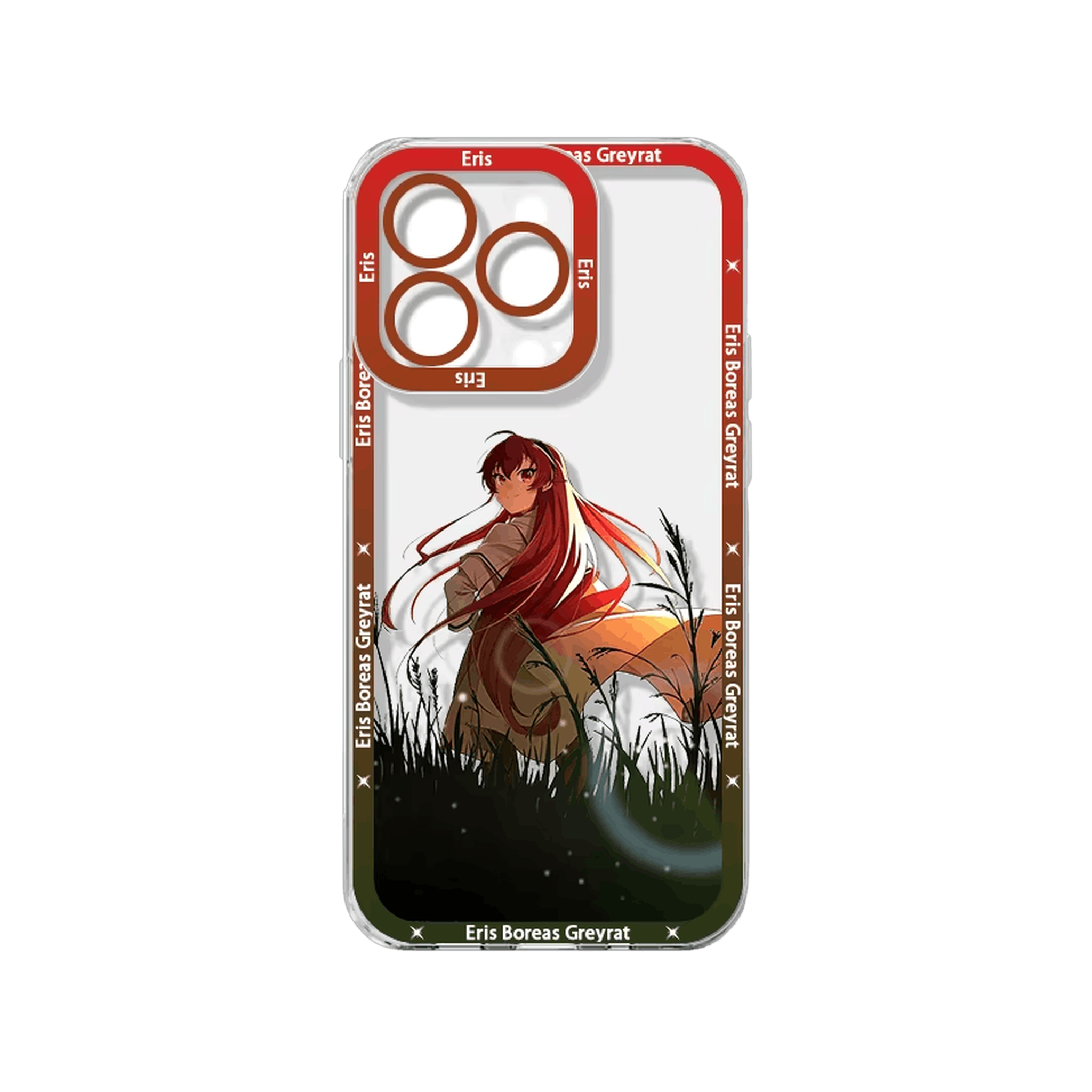 Coque iPhone Mushoku Tensei illustrant Eris Boreas Greyrat sur un panneau rouge sombre