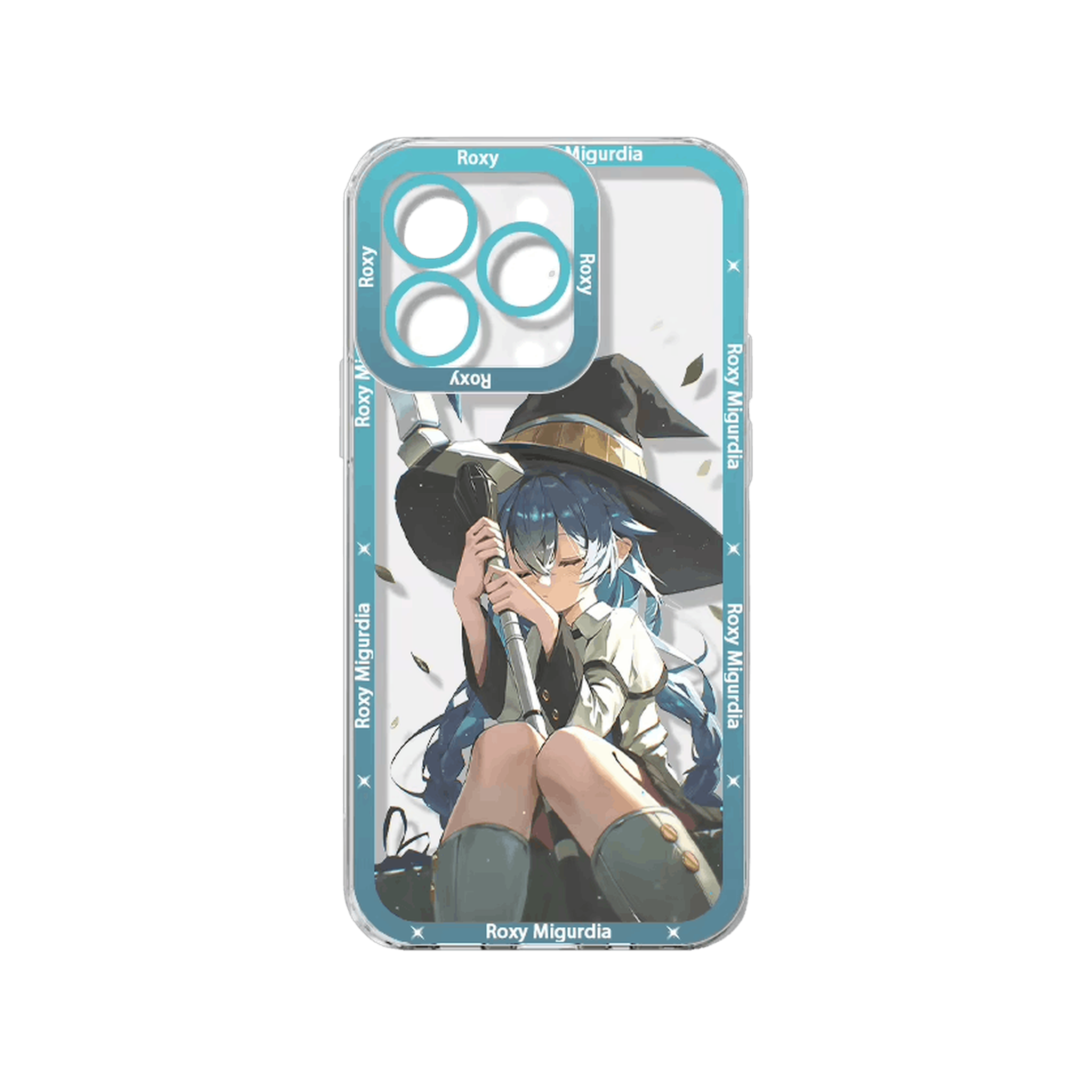 Coque iPhone Mushoku Tensei illustrant Roxy Migurdia au chapeau sur un panneau cyan