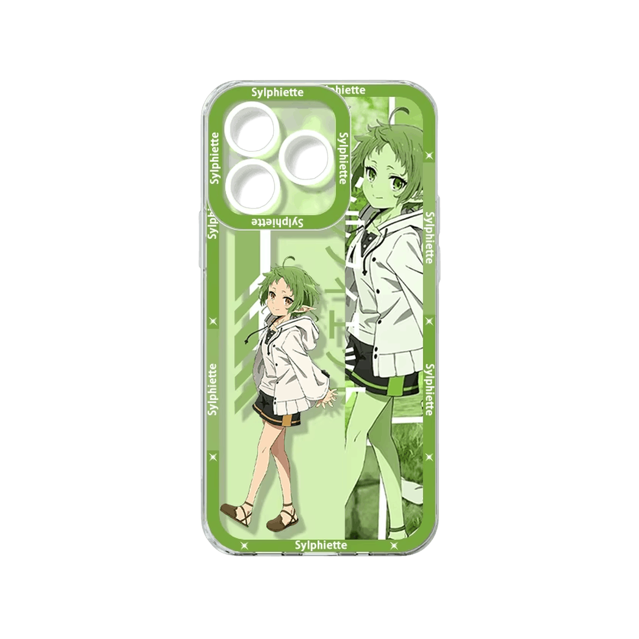 Coque iPhone Mushoku Tensei illustrant Sylphiette en uniforme sur un panneau vert clair