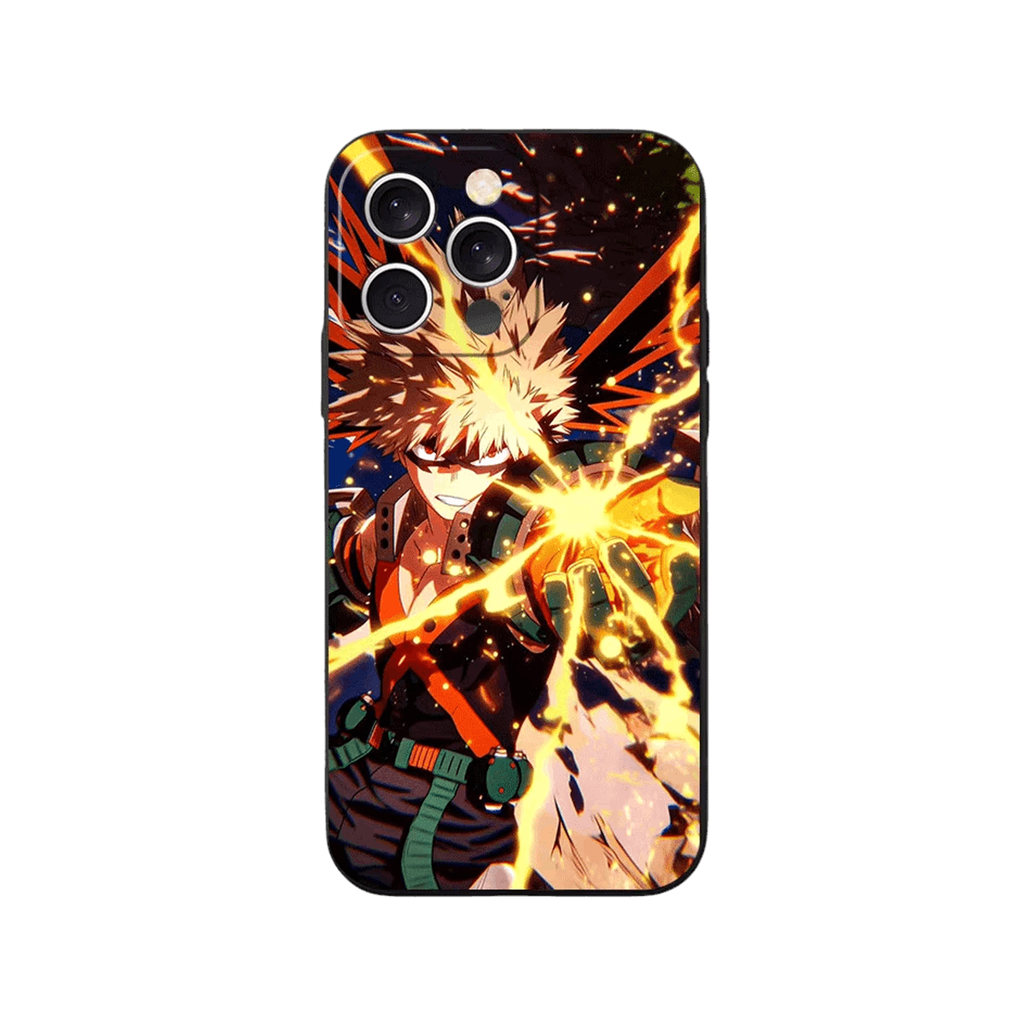 Coque iPhone My Hero Academia – Bakugo, Détonation, dominante orange et bleu nuit