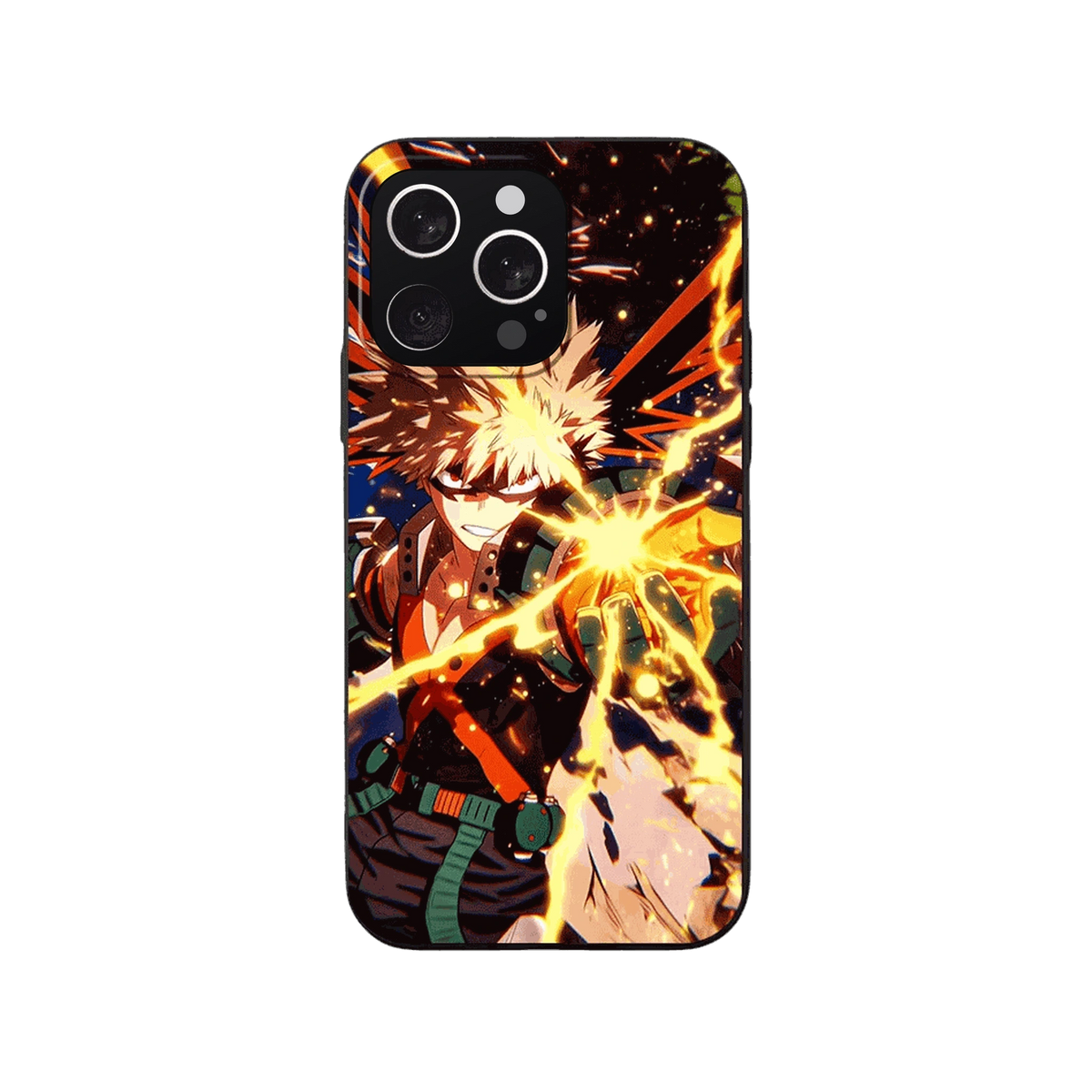 Coque iPhone My Hero Academia – Bakugo, Détonation, dominante orange et bleu nuit
